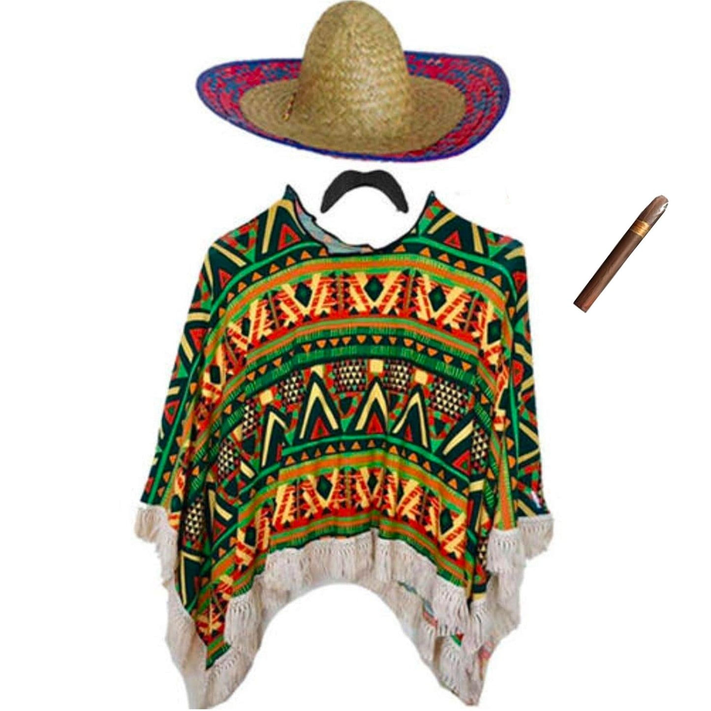 Adults Mens Womens Mexican Fancy Dress Costume Poncho Moustache Sombrero Day of the Dead Halloween Outfit
