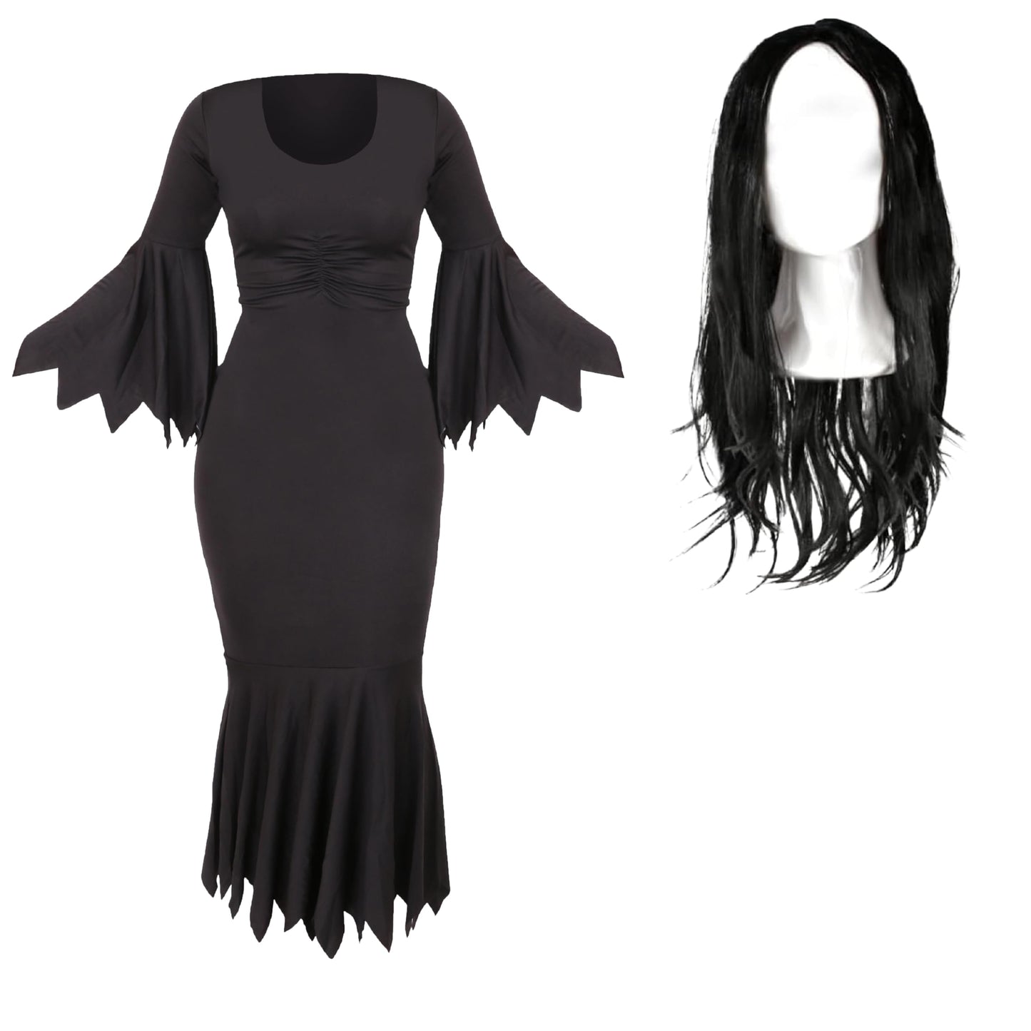 Adults Halloween Couples Costume - L + L - Pinstripe Suit Jacket & Trousers, Spiv Tash and Cigar, Ragged Black Dress and Long Black Wig - Adults Deluxe Couples Halloween Fancy Dress Costume