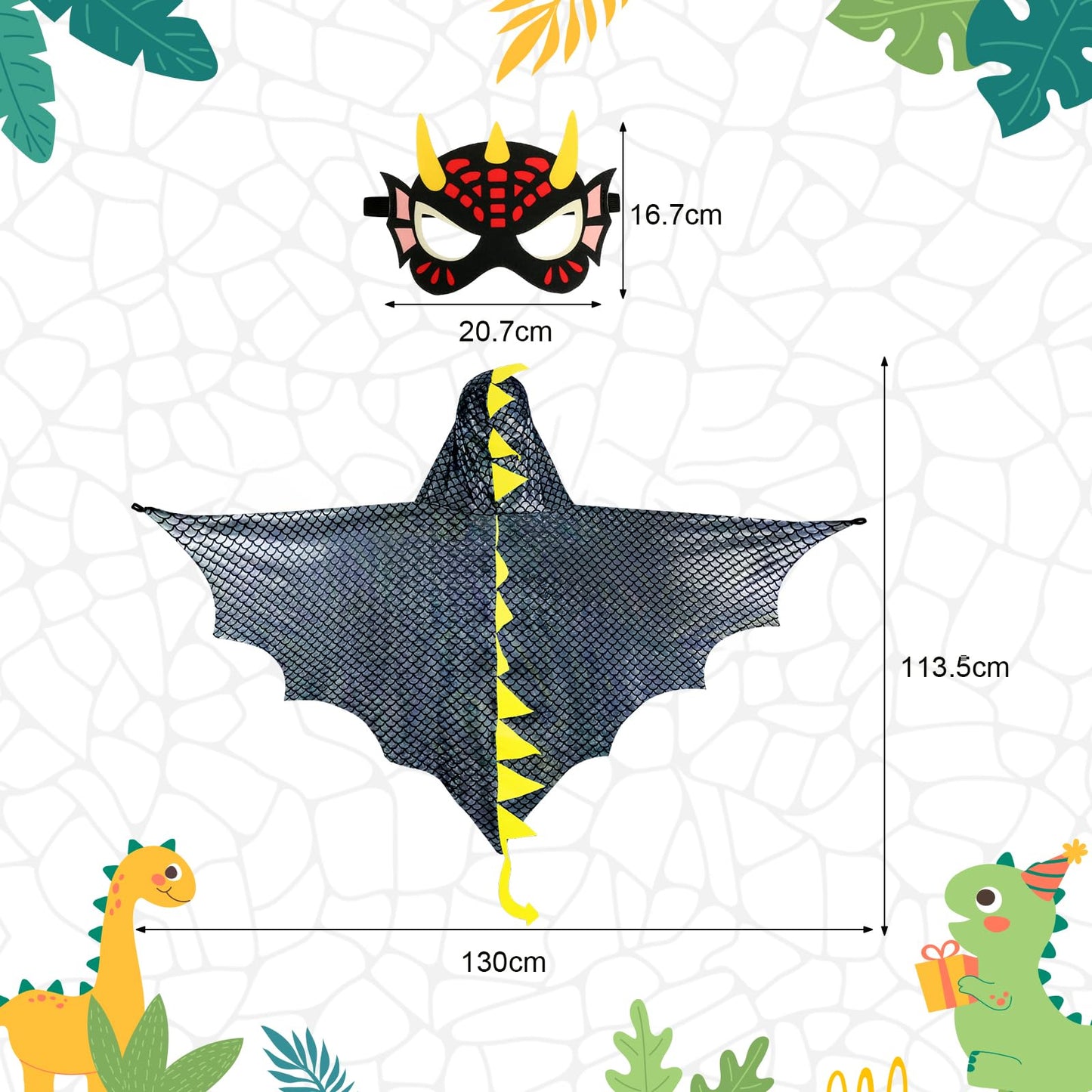 Landifor 2pcs Dinosaur Costume for Kids Black Dino Fancy Dress Outfit Dragon-Wings Cape with Dino Mask for 3-8 Years Toddler Jurassic Themed Party Costume Cosplay Pretend Play