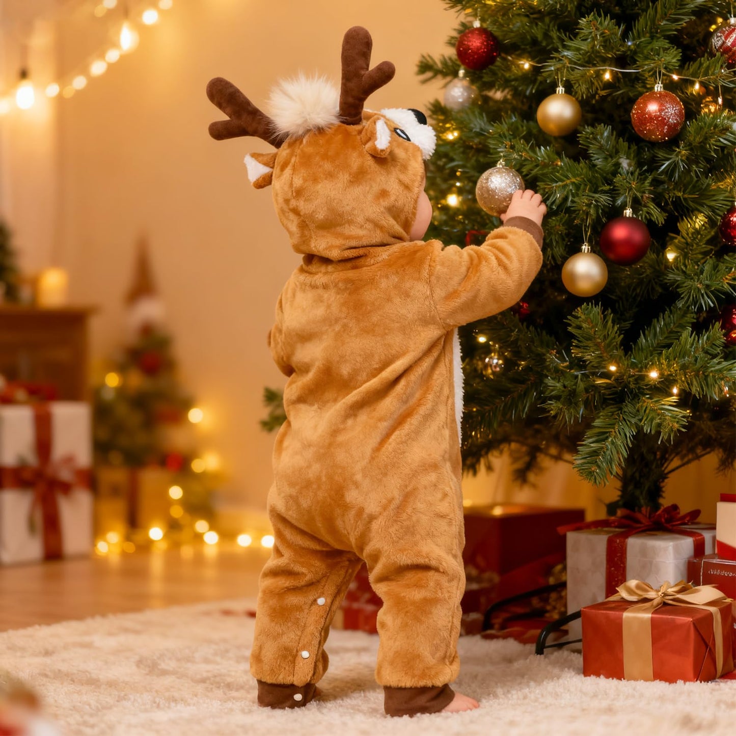 Beipegin Baby Deer Costume Boys Girls Infant Animal Romper Jumpsuit Newborn Hooded Flannel Reindeer Onesie Baby Christmas Halloween Costume