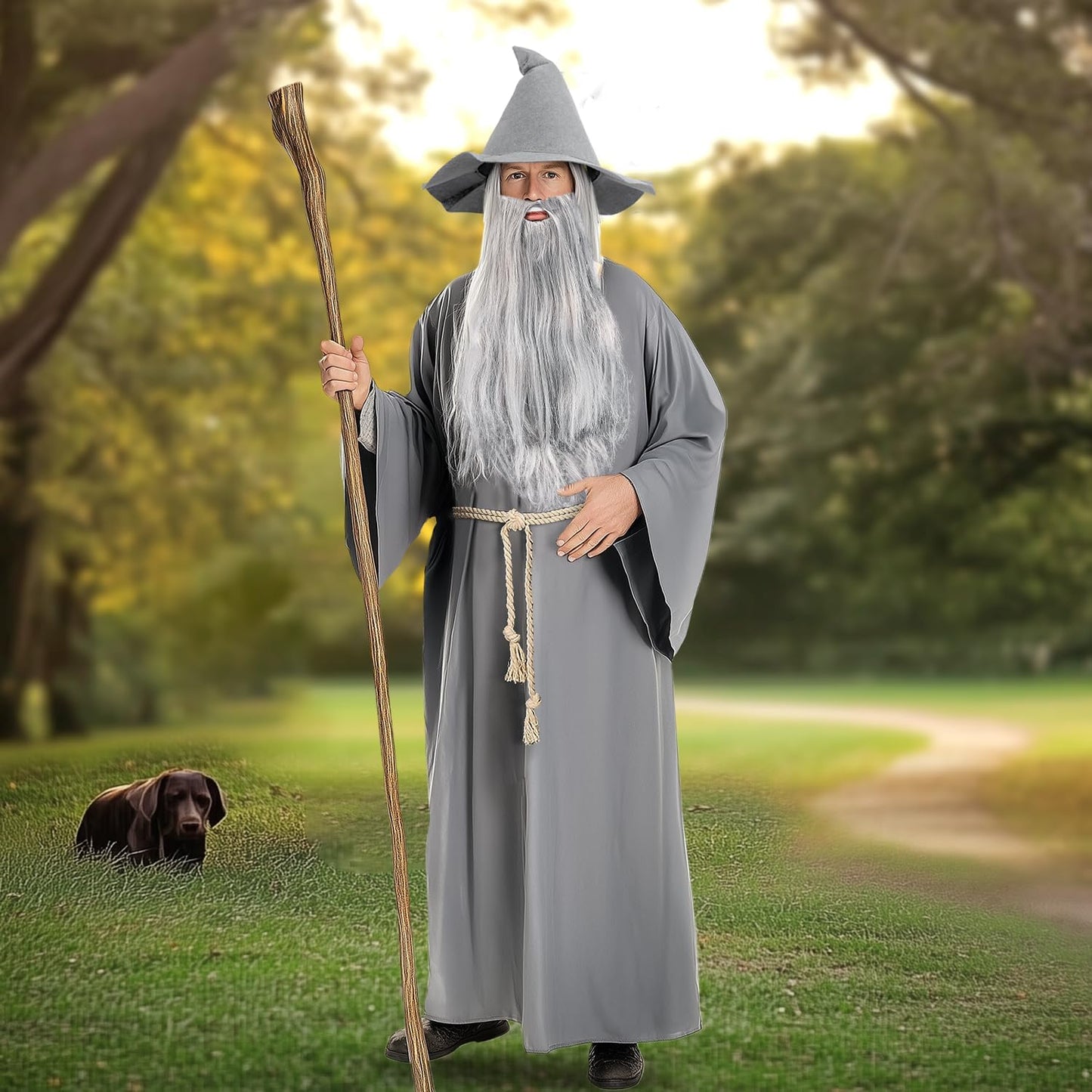 iZoeL World Book Day Costume Adult Teen Gray Wizard Costume Classic Old Wizard Outfit Book Character Dress-Up for Teacher Fancy Dress – Long Robe Hat Long Beard Wig Set
