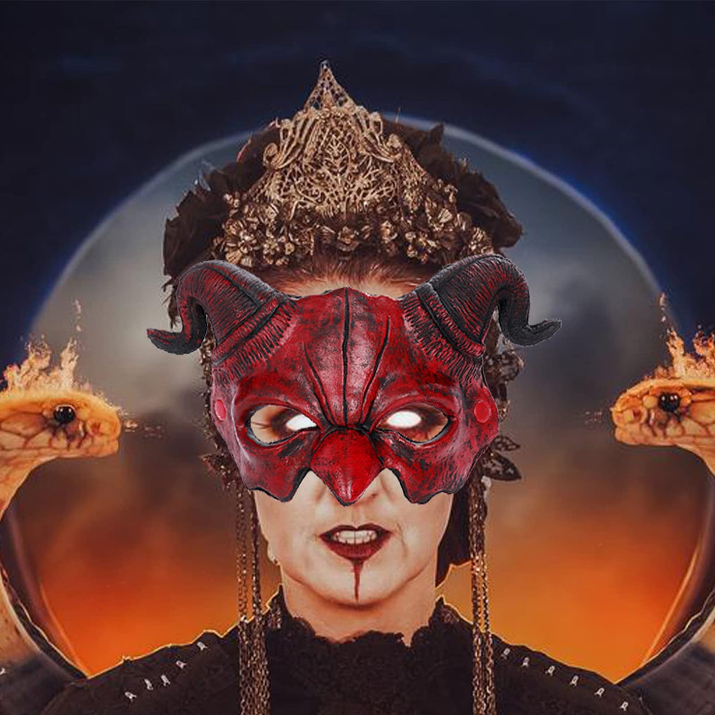 Faxianther Scary Red Devil Mask with Ram Horns, Men Women Horror Demon Evil Cosplay Halloween Mardi Gras Animal Goat Buffalo Costume Half Face Mask Party Spook House Decoration Prop Supplies