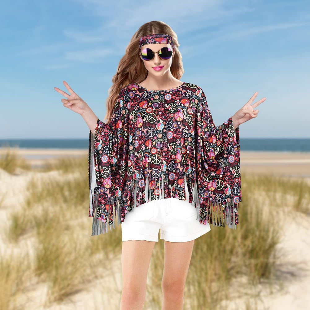 AOOWU Hippie Costume Accessories Set, 10 Pcs 70s Fancy Dress Women Disco Hippie Costume Outfits, Hippie Clothing Set with Hippie Cape Legs Sleeves Headband Sunglasses Earrings