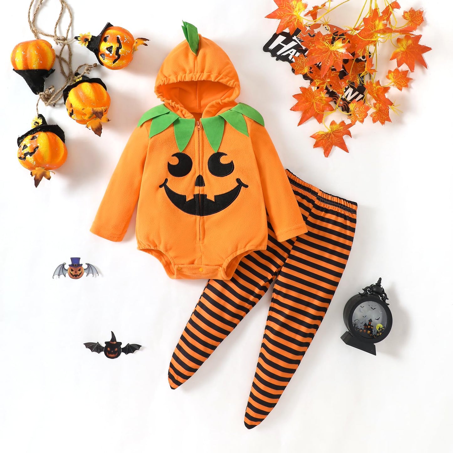 TenhCreek Baby Pumpkin Costume, Long Sleeve Baby Girls Boys Pumpkin Outfit, Soft Fleece Infant Pumpkins Outfit, Hooded Babys Pumpkins Costumes with Footed Pants Set, Babies Halloween Clothes (0-18M)