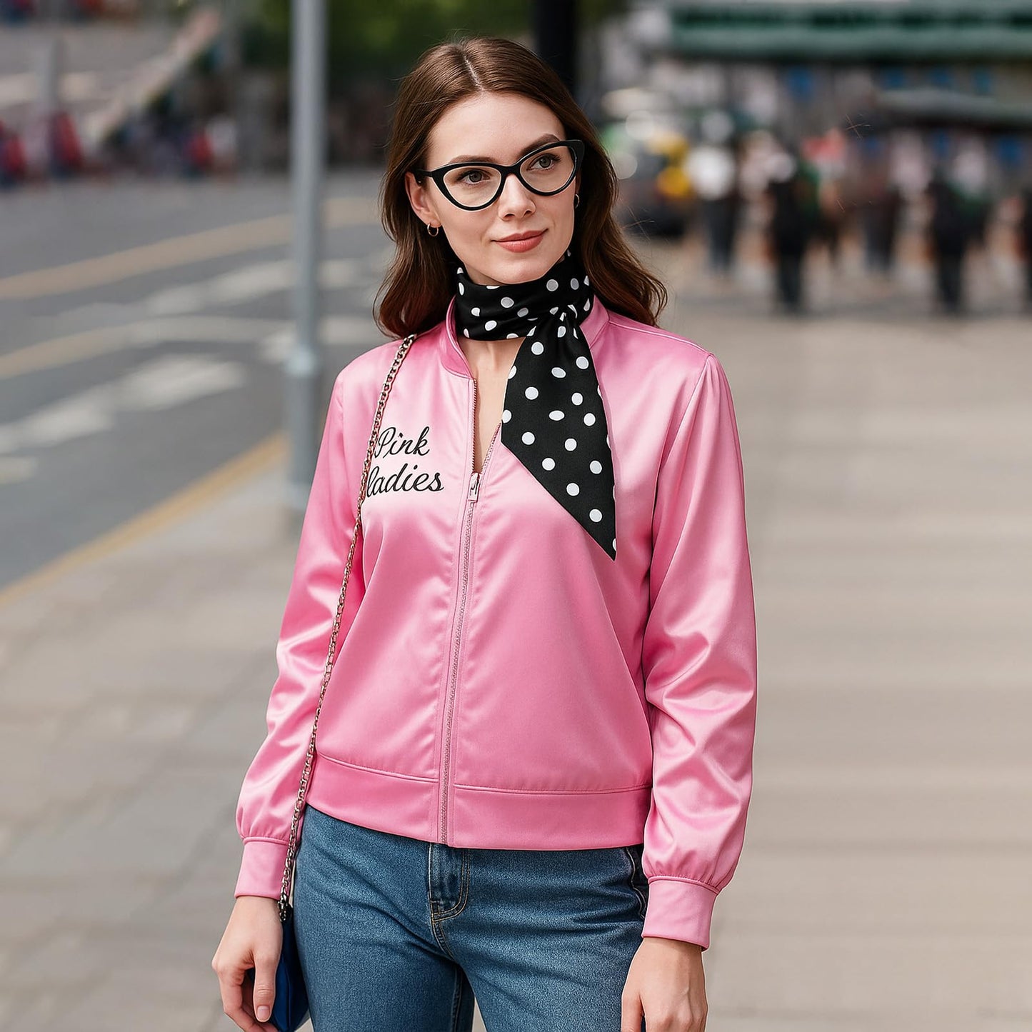 SSKHE Ladies Pink Grease Jacket with Neck Scarf Glasses, Halloween Cosplay Costume Fancy Dress, 1950s Pink Satin Jacket Outfit for Women Festival Carnival Christmas 80s Party