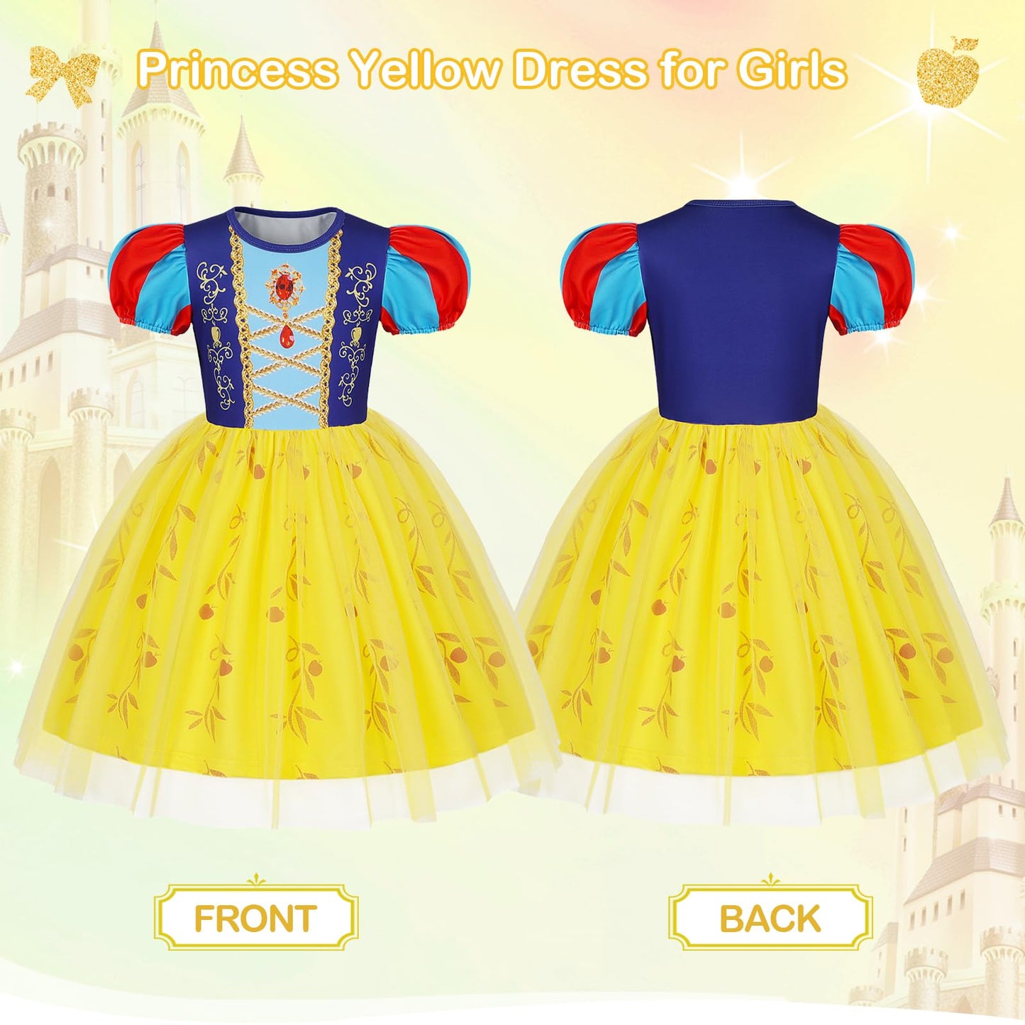 Berich Yellow Princess Costume with Headband Princess Dress up Halloween Christmas Gifts World Book Day Costume Kids Dress up 4-5 Years(Yellow,120)