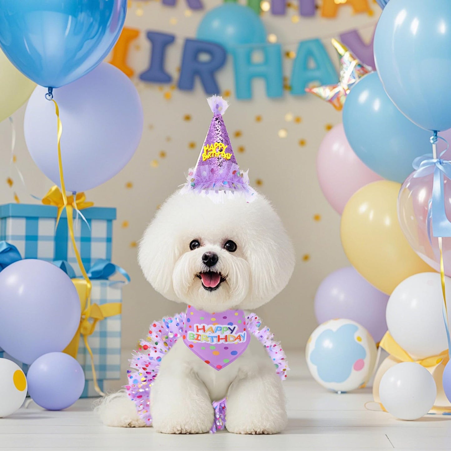 Dog Birthday Bandana with Hat and Dress Girl Set Puppy Birthday