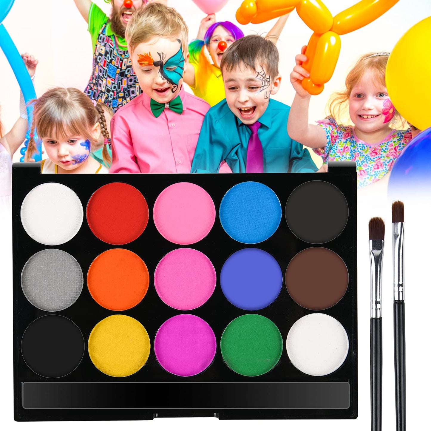 URAQT Face Paint, 15 Color Face Painting Palette with 2 Brushes 32 Stencils, Washable Face Paints Safe Body Paint for Adults Kids Halloween Carnival, Makeup Paint Non-Toxic to Use