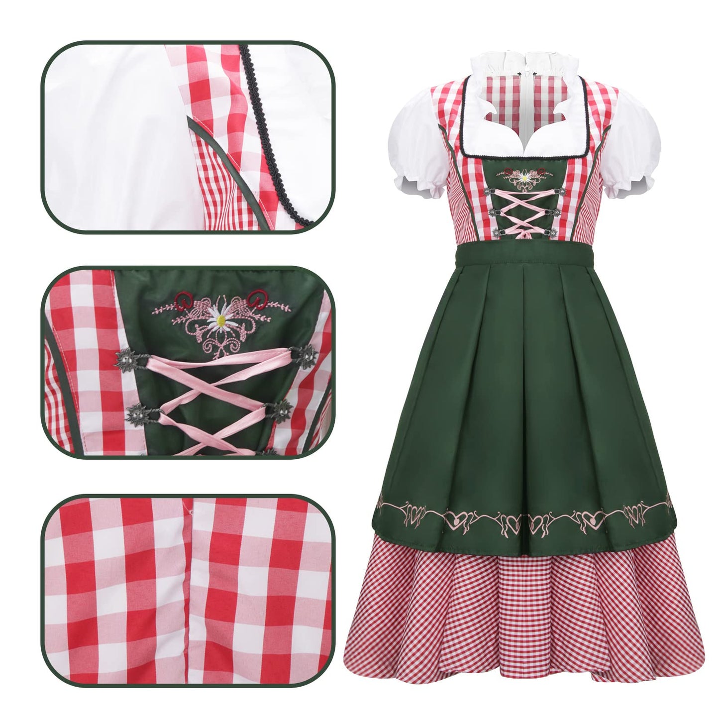 NUWIND Womens German Beer Festival Costume Bavarian Traditional Oktoberfest Halloween Party Maid Plaid Fancy Dress Outfit (XXL)