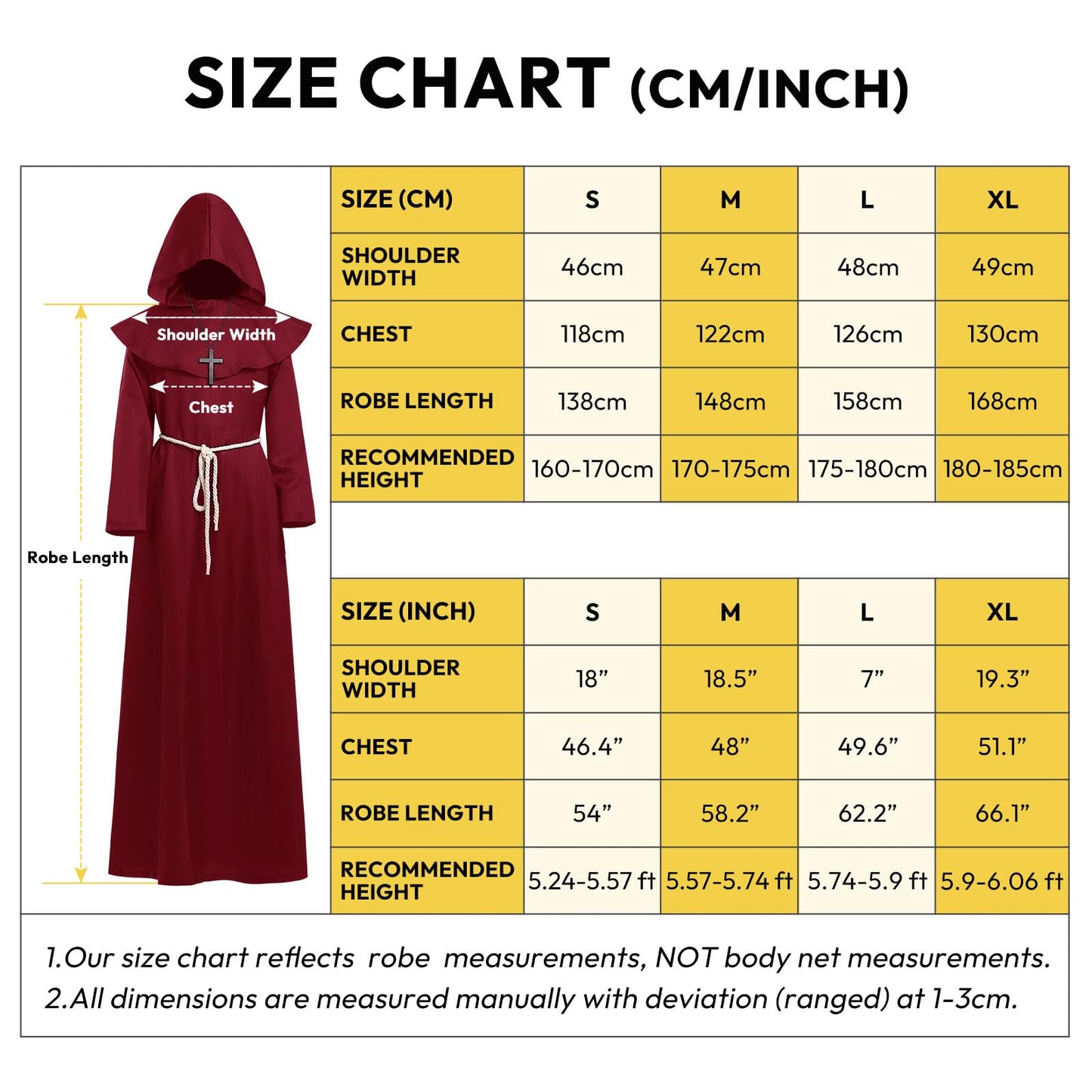 KONVINIT Monk Robe Mens Halloween Costumes Red Medieval Friar Hooded Monk Renaissance Priest Robe Vicar Costume Monk Outfit for Adult,red L