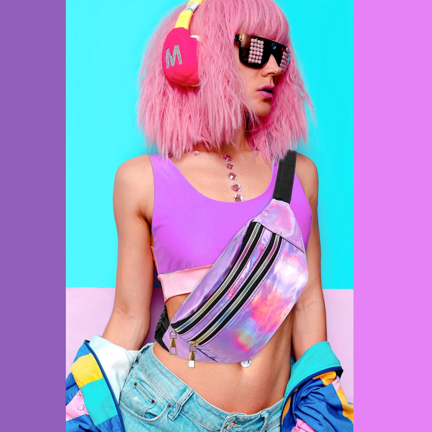 ViEinkaufen 80s Fancy Dress for women, 90s Fancy Dress Costumes Set Waist Bag Neon Leg Warmers Fishnet Gloves Sunglasses Earrings Necklace Neon Party Accessories