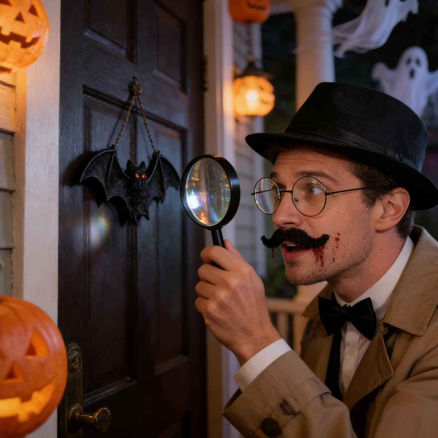 GYIOFAI 5 Pcs Adults Detective Costume Accessories Set, Detective Fancy Dress Kit with Hat Fake Mustache Bow Tie Black Frame Glasses Magnifier, for Halloween Cosplay Carnival Word Book Day (Black)