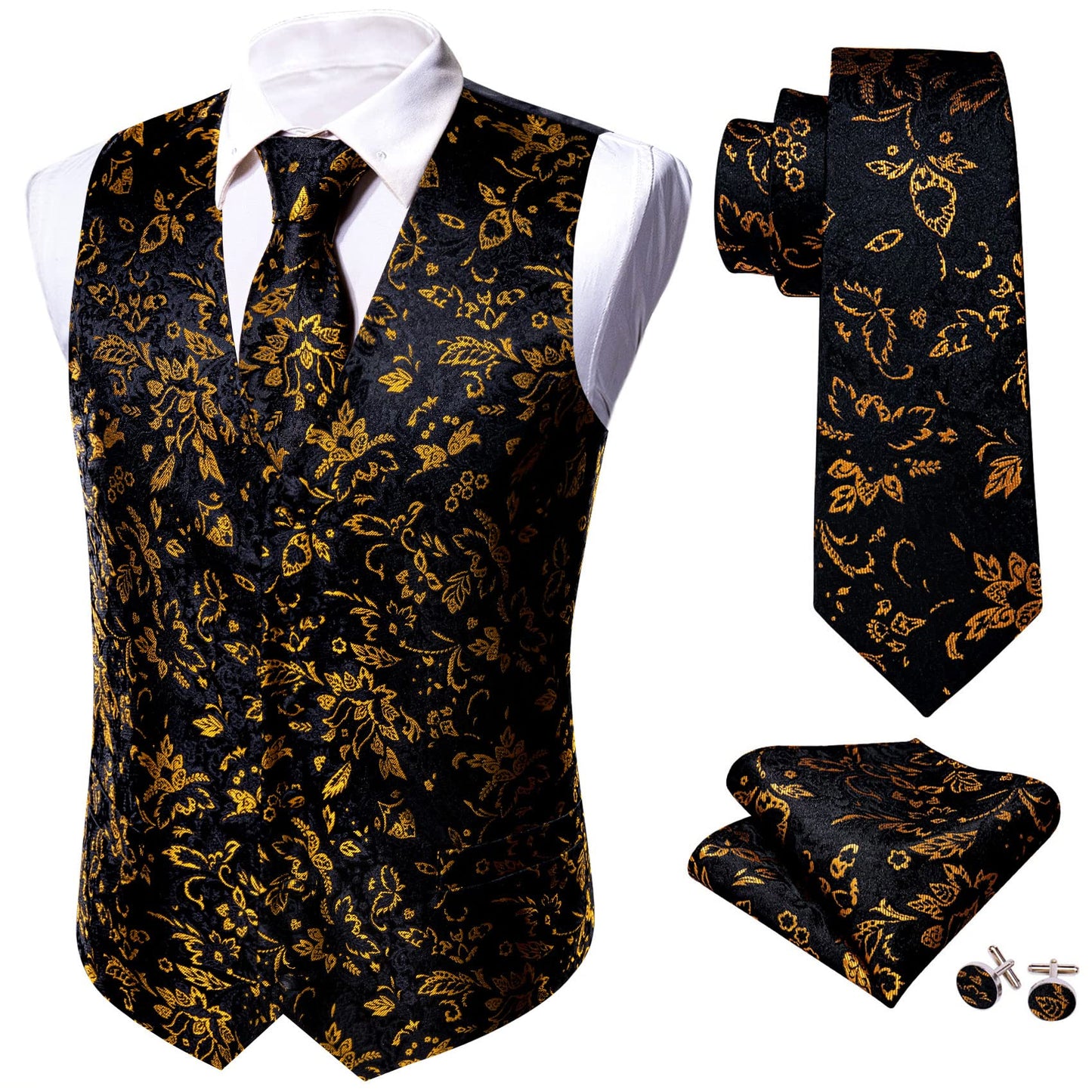 Barry.Wang Mens Paisley Black Gold Waistcoat Flower Jacquard V-neck Suit Vest Set for Wedding