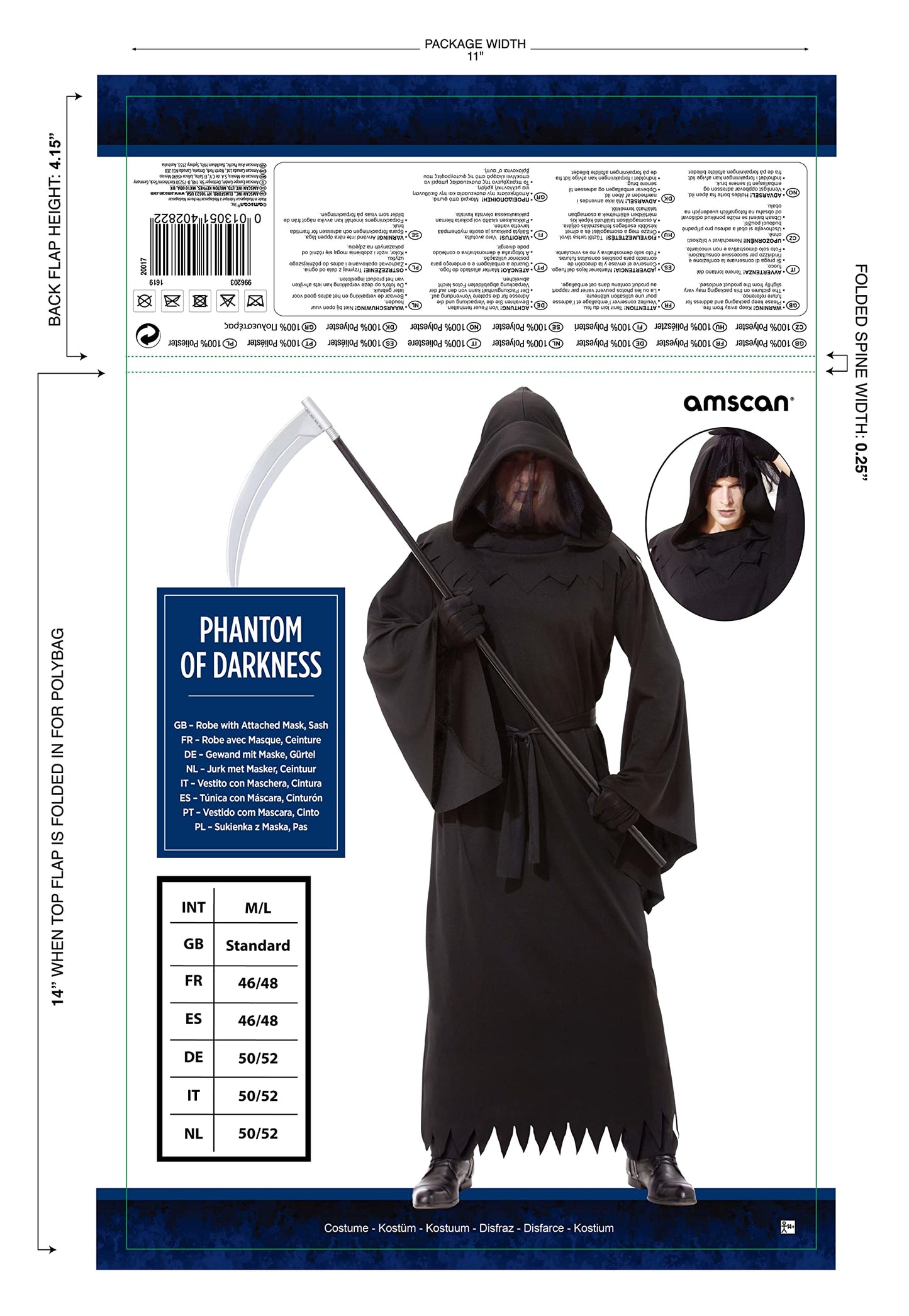 New Amscan Mens Halloween Grim Reaper Phantom of Darkness Fancy Dress Costume Plus size