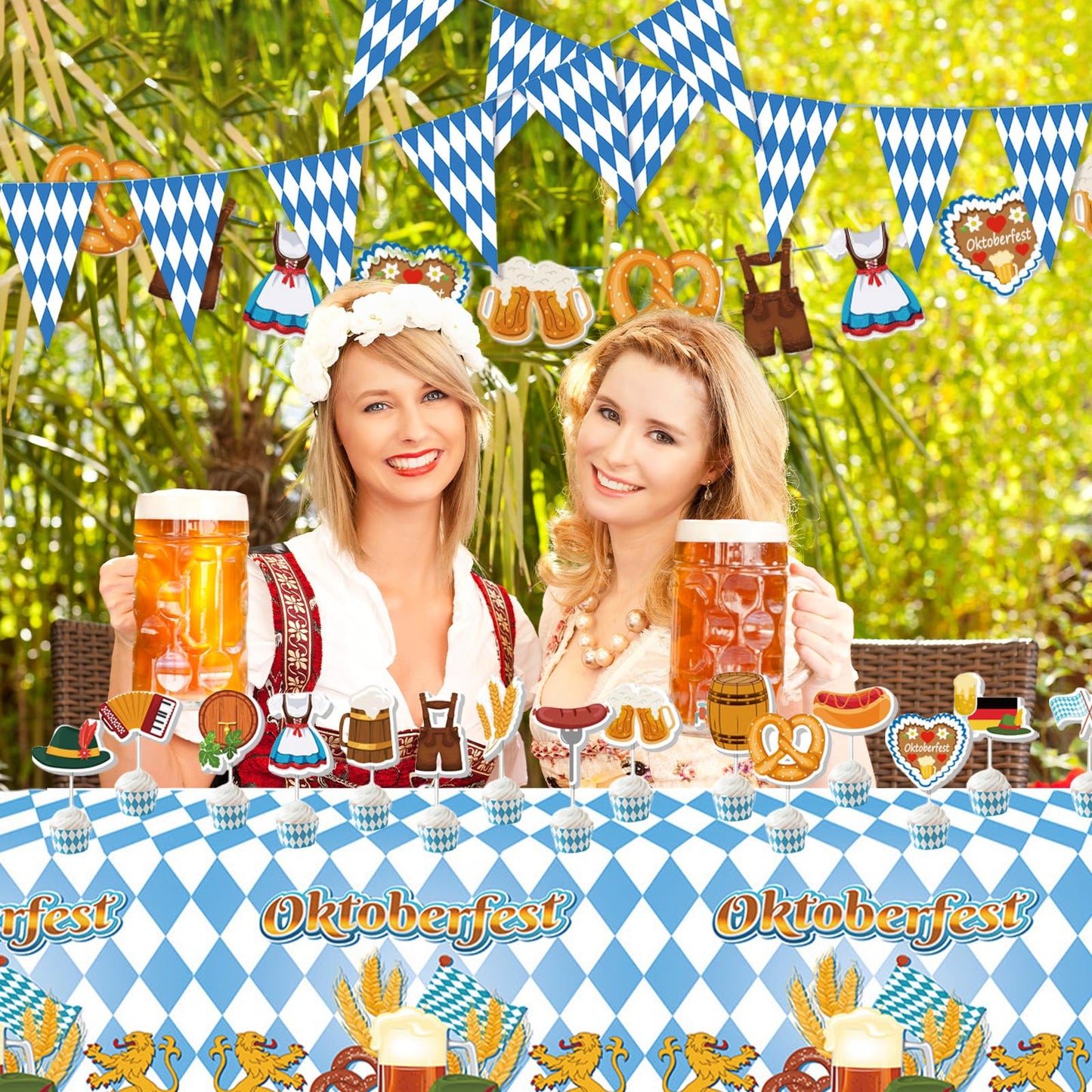 AYNKH Bavaria Oktoberfest Party Decoration Sets, Oktoberfest Blue White Banners Pennant Tablecloth Napkins Cake Topper Festival Supplies for German Beer Party