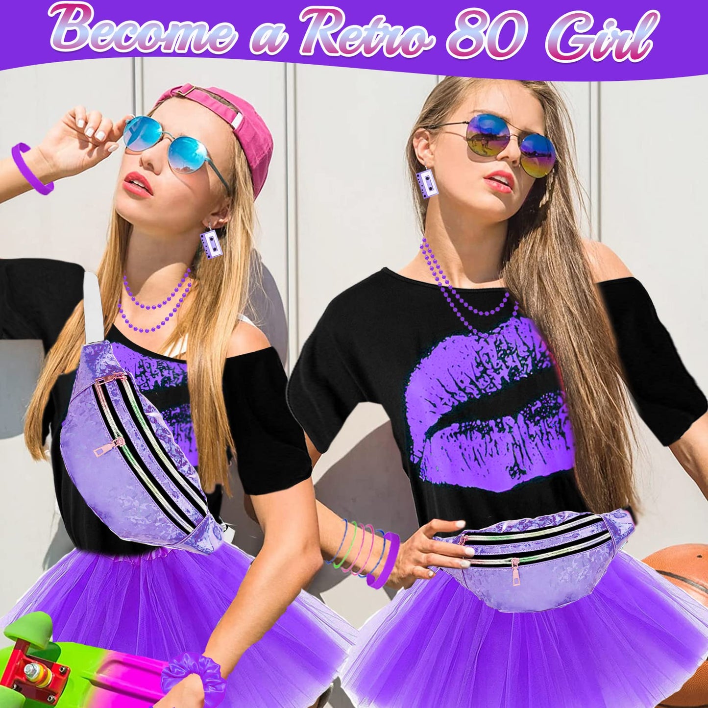 80s Costume Outfits Accessories Set for Women, 1980s Fancy Dress Party Kits with T-shirt Tutu Bumbag Headband Earring Necklace Fishnet Gloves Leg Warmers Glasses Bracelet Scrunchies for Women Dress up
