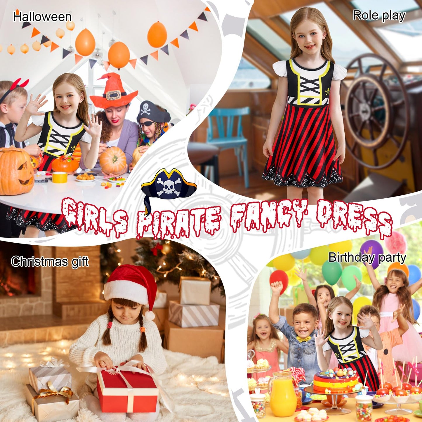 Berich Girls Pirate Costume Kids Halloween Costumes for Girls World Book Day Dress up Pirate Hat Eye Patch Headband Sword School Pretend Play Outfit Kids Dressing up Clothes 5-6 Years, Size 130, Red