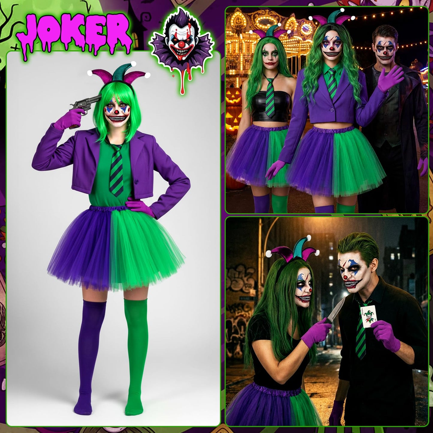 6 PCS Halloween Clown Costume Women, Joker Outfit - Clown Headband Face Tattoos Tie Gloves Knee High Socks Tutu Skirt, Harlequin Jester Joker Costume Women Accessories for Halloween Carnival Cosplay