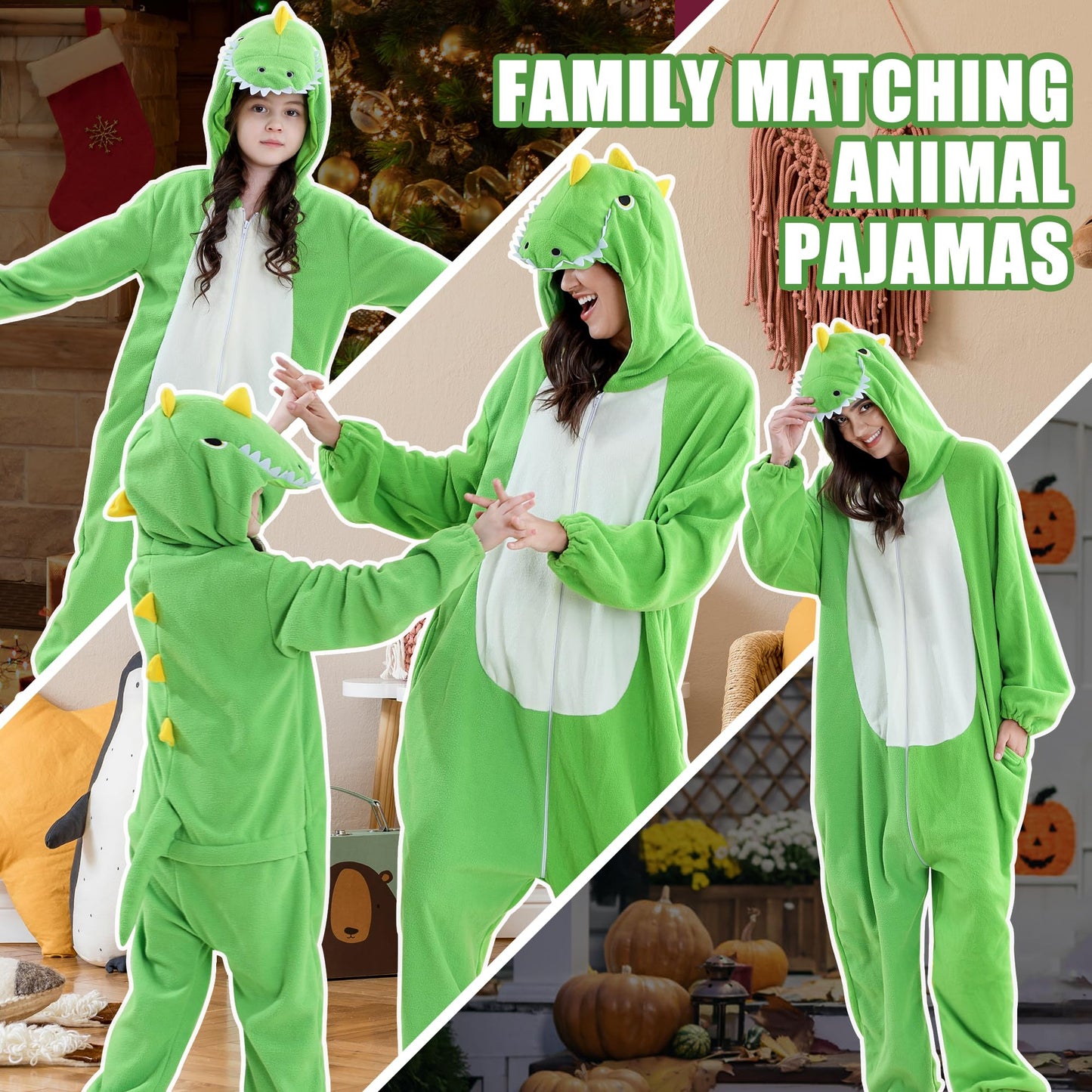 COOKY.D Unisex Animal Parent-Child Hooded Cosplay Pyjamas All in One Jumpsuit Halloween Gaming Costume Girls Boys Sleepsuit Family Outfits,Dinosaur 3-4T