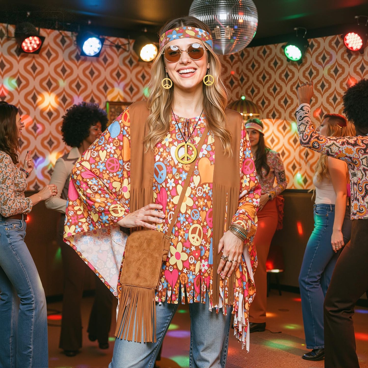 iZoeL 70s Hippie Costumes Women Ladies 1980 Hippie Wigs Boho 70s Costume 80s Accessories 60s Retro Festival Outfit - Sunglasses Peace Necklace Headband- Rock Retro Disco Fancy Dress