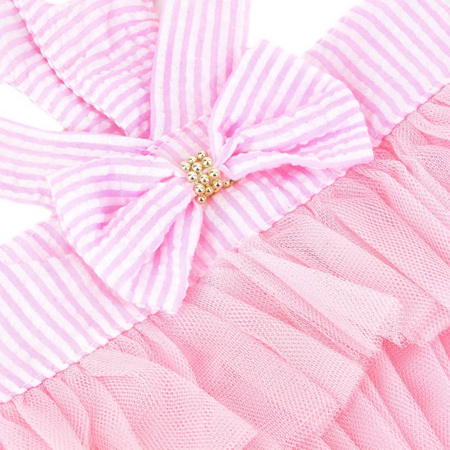 Dog Dress Striped Denim Organza Bow Beads Tutu Skirt Summer Soft