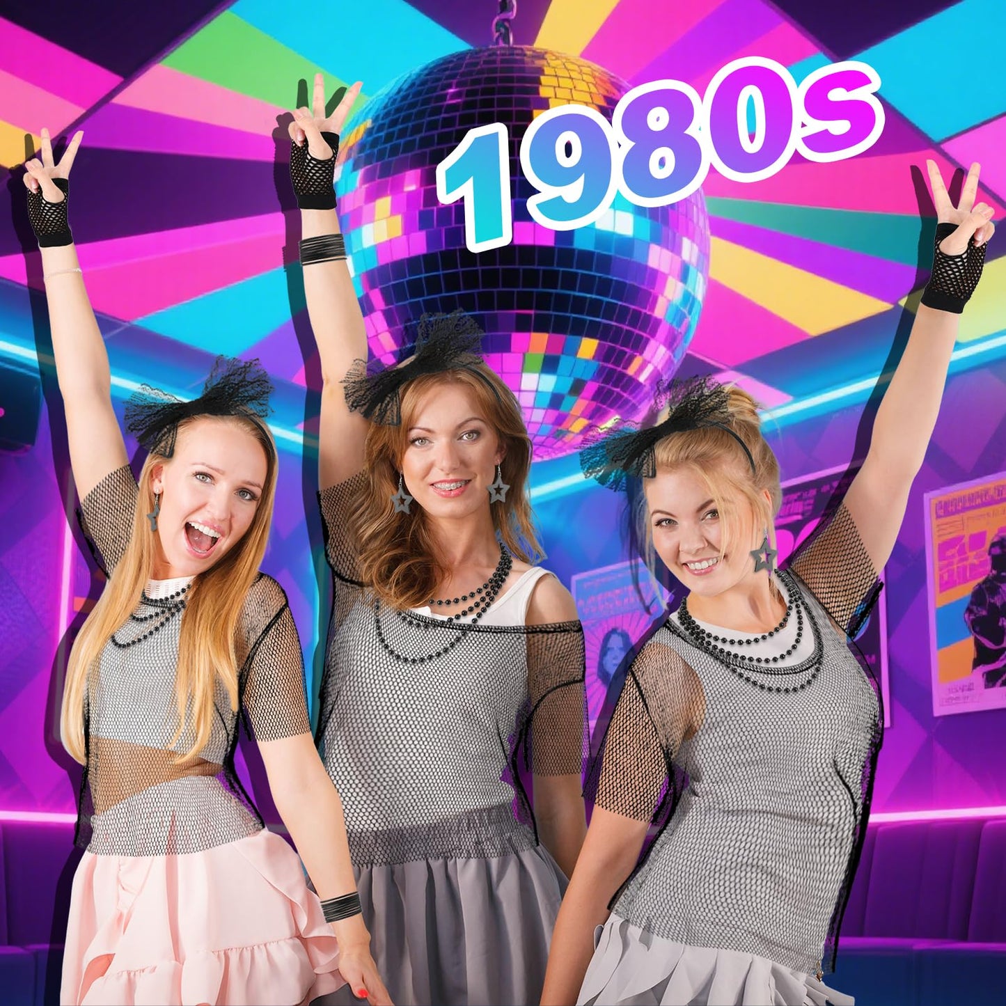 GSrenyu 17 Pcs Black 80s Accessories for Women Girls, 80s Outfits Costume with Fishnet Top, Fishnet Gloves, Lace Headband, Earrings, Necklace & Bracelet for Retro Party, Dress up Day