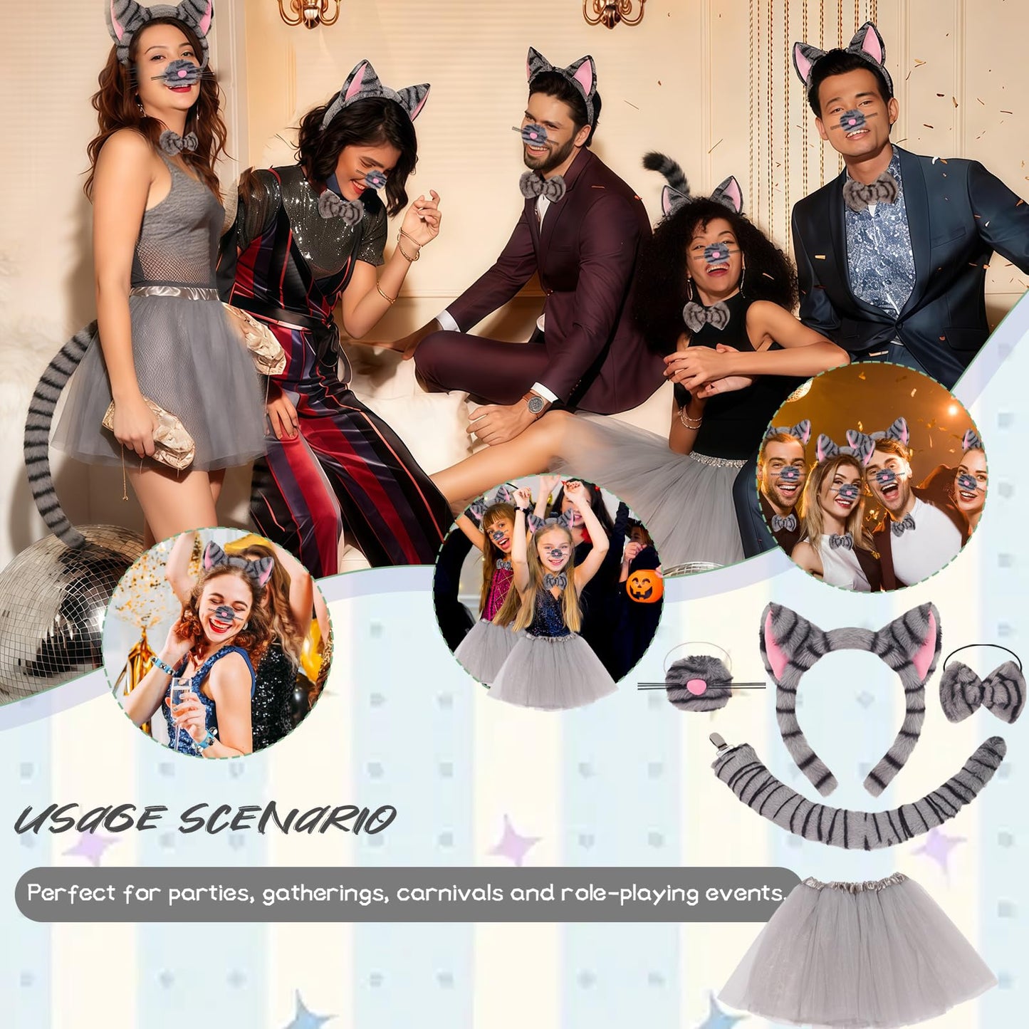 Cat Costume Set - Tabby Cat Costume Accessories with Grey Cat