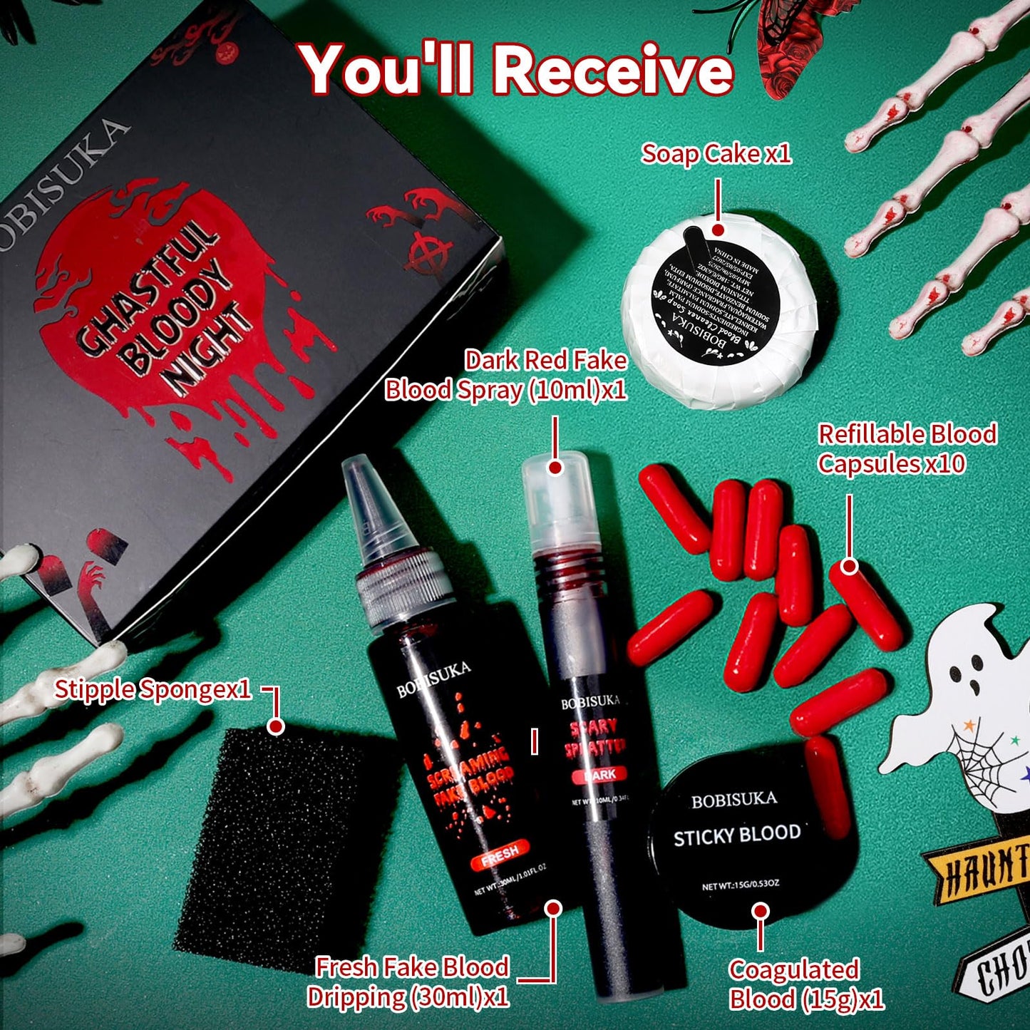 Halloween Fake Blood SFX Makeup Kit – Fake Blood Spray, Dripping Blood, Coagulated Gel, 4 Wound Tattoos, Blood Capsules, Cleaner Soap – Realistic, Washable Makeup for Zombie/Vampire/Monster