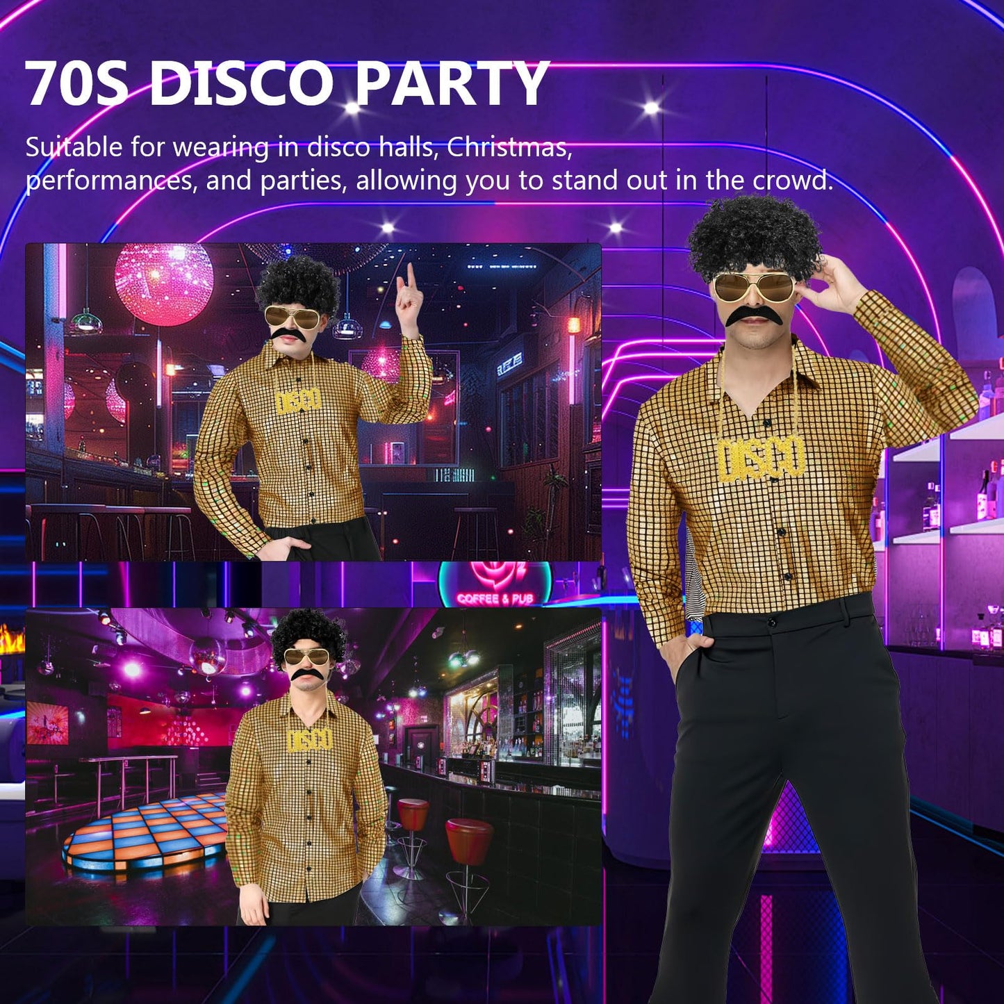 Malloom 70s Fancy Dress Mens Outfits, 6 Pcs Disco Outfit Retro Costume with Bell Bottom Pants for Disco Party (Gold) (L)