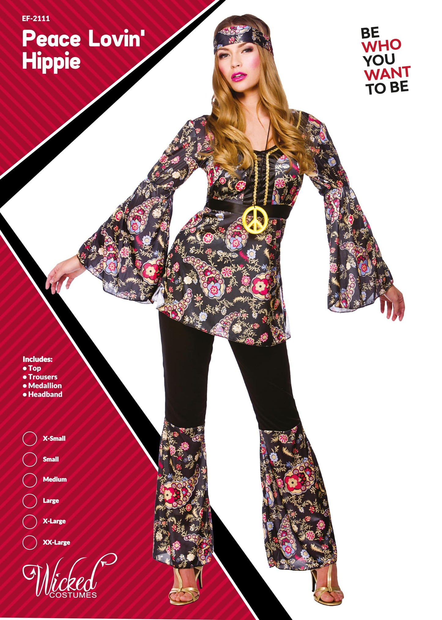 Wicked Costumes Adult Womens Peace Lovin Hippie Fancy Dress Costume 1970s Flower Power Outfit for Halloween Disco Party Medium (UK 14-16)