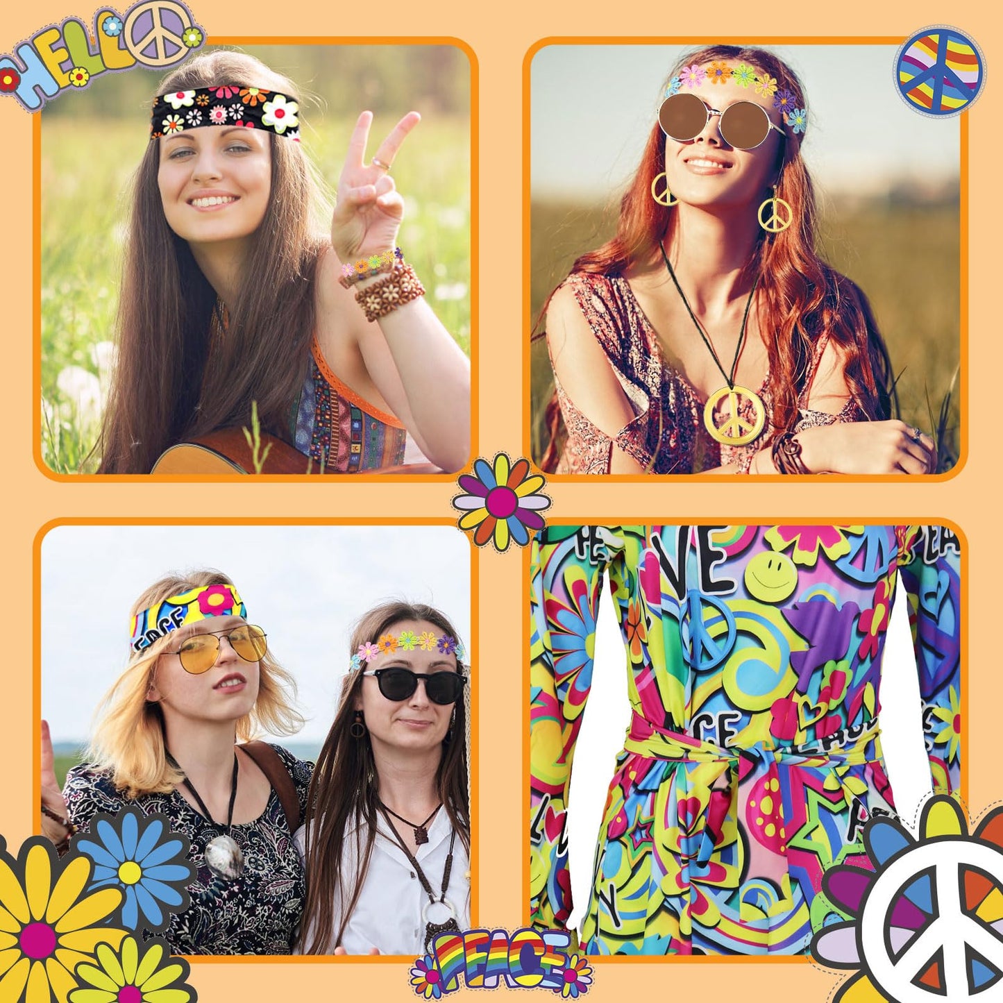 8PCS 70s Fancy Dress Women Set, 70s Hippie Dress Costumes Necklace Earrings Sunglass Women Disco Outfit, 60s Party Costume, Womens Hippie Costume for Carnival Cosplay Party