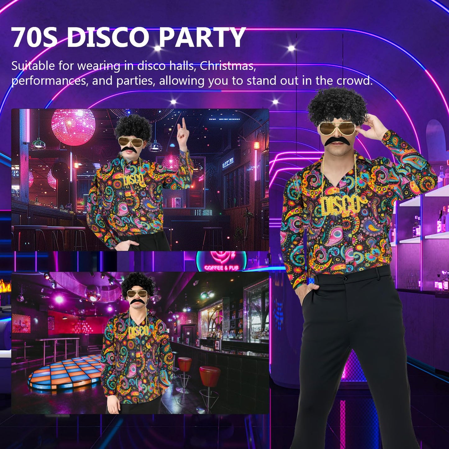 Malloom 70s Outfits for Men 6 Pcs Disco Outfit Retro Costume with Bell Bottom Pants for Disco Party (Floral) (M)