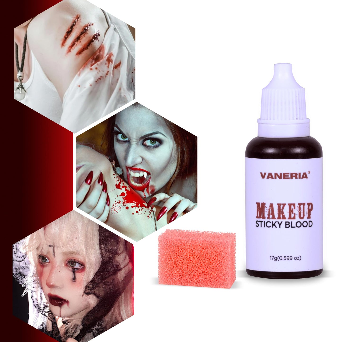 VANERIA Halloween Vampire Make Up Kit SFX Makeup Kit 4 Pairs Vampire Teeth, Scar Wax and Spatula, Fake Blood Capsules,Sponges,Liquid Latex Special Effect Makeup Kit Professional 