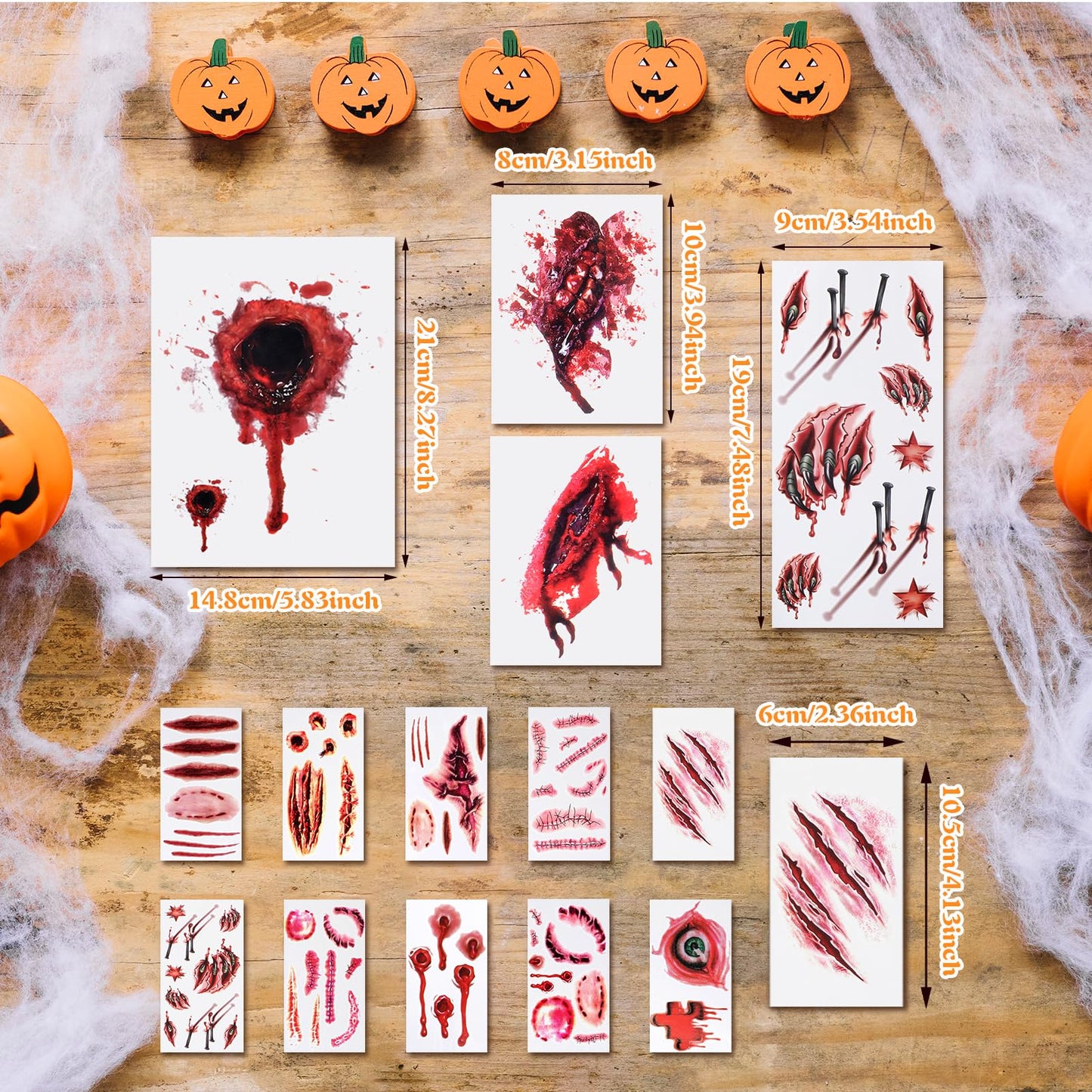 14Sheets Halloween Tattoo Stickers, Scar Temporary Bloody Wound Sticker, Waterproof Zombie Makeovers for Vampire Cosplay Masquerade Prank Makeup Decorations