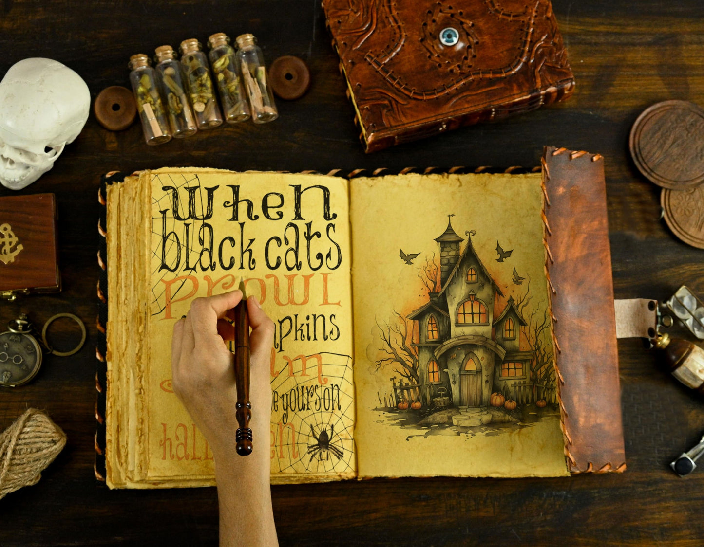 Hocus Pocus Book Of Spells, Spell Books With Real Spells, Prop Halloween Decorations Decor, Book Of Shadows Spell Book, Witchy Gifts For Women Spellbook Writing & Sketchbook (8x6 Hocus Pocus 2, Brown)