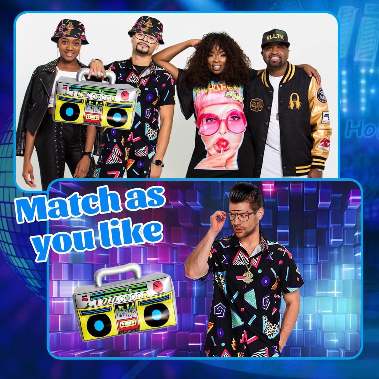 80s Hip Hop Outfit for Adults, Retro Sportswear Shirt & Short Set Includes Hat, Glasses, Necklace, Dollar Ring, Bracelet, Inflatable Radio, Beach Tracksuit for 80s Themed Party, Halloween, Carnival