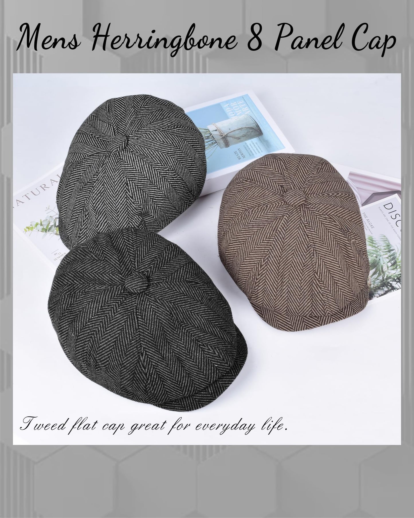 Mens Herringbone 8 Panel Caps - Classic Newsboy Tweed Flat Cap