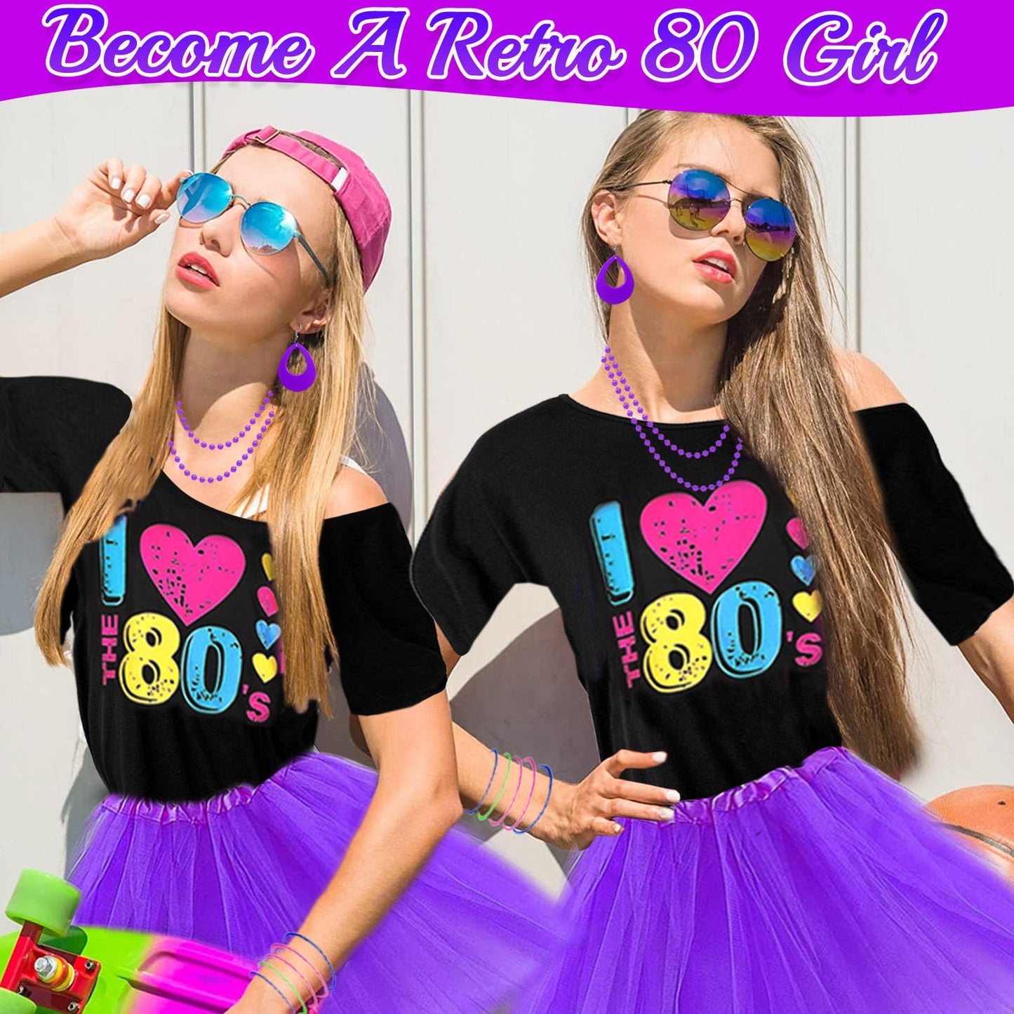 80s Costume Accessories Set for Women, 1980s Neon Party Kit with T-shirt Tutu Skirt Headband Earring Necklace Glasses Bracelet Fishnet Gloves Leg Warmers for 80s Retro Party Dress up (Purple, XXL)