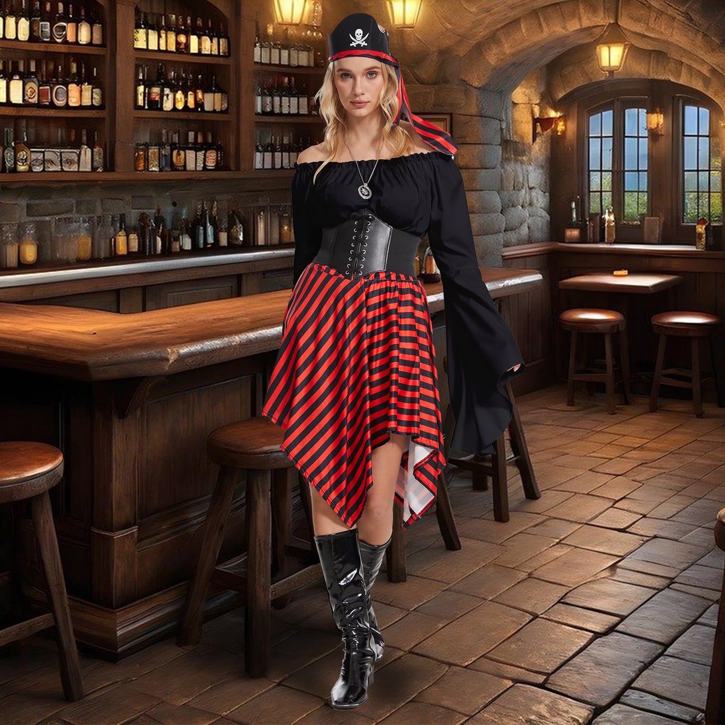 Pirate Costume for Adult Women with Waist Belt - Headscarf - Eye (image 7)