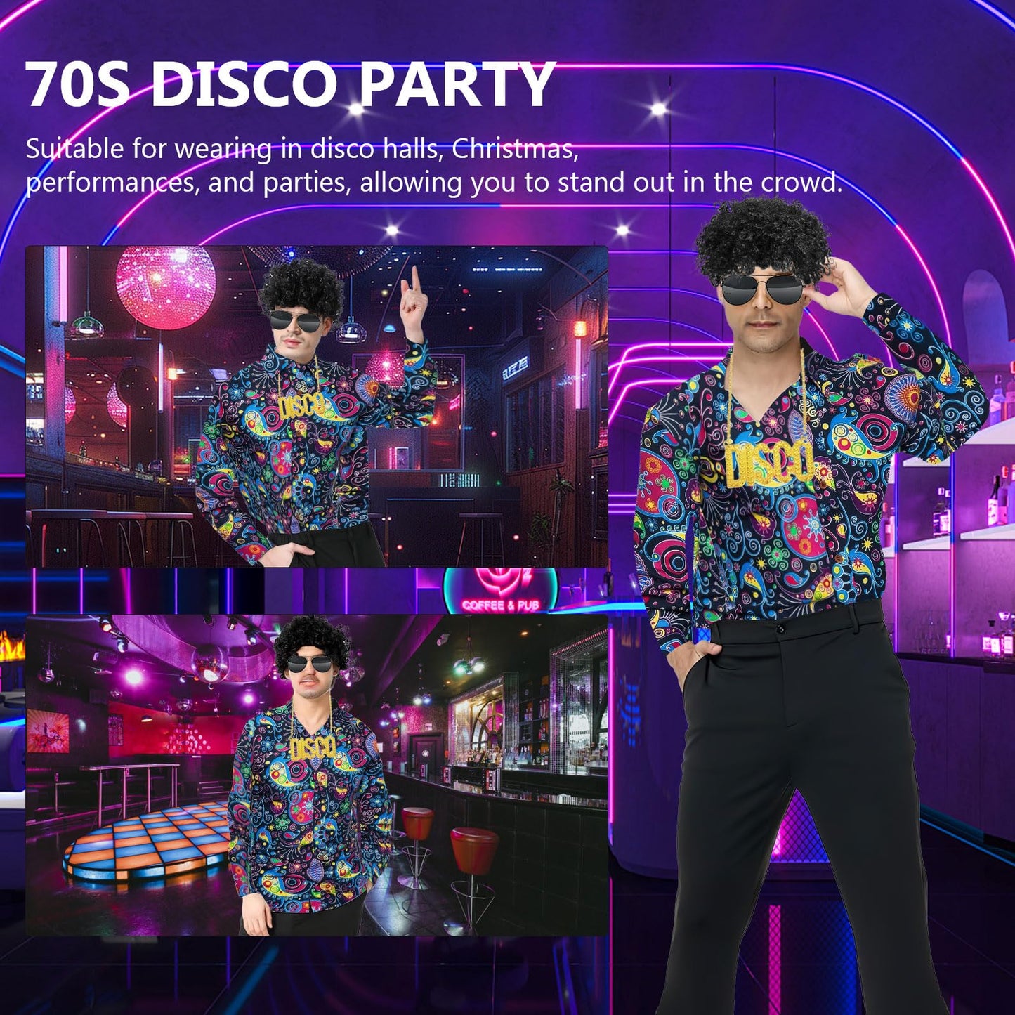 Malloom 70s Fancy Dress Mens, 6 Pcs Disco Hippie Costume Set with Printed Shirt, Flare Pants & Retro Accessories, 60s 70s Theme Party Outfit for Adults (XL)