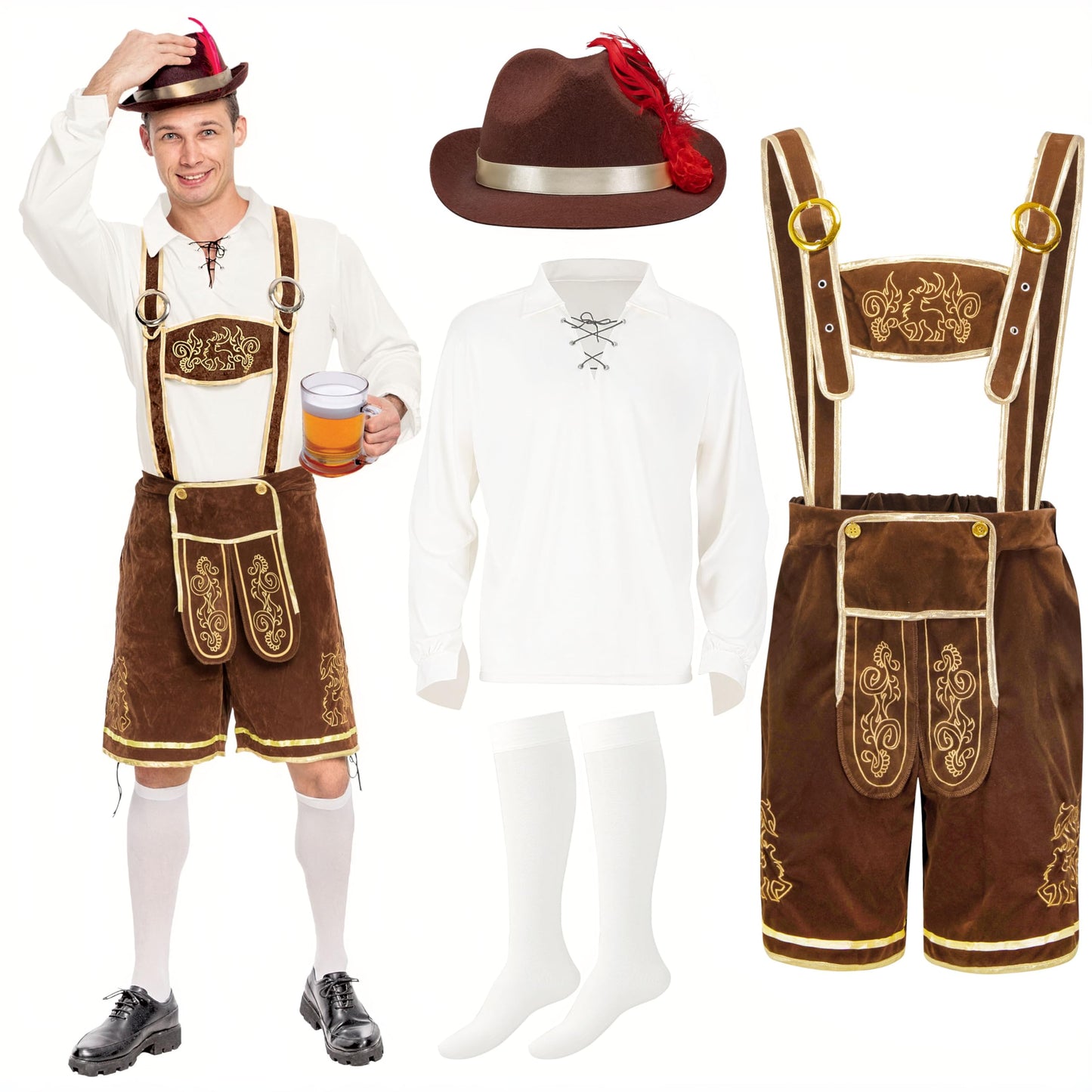 Spooktacular Creations Men’s German Bavarian Oktoberfest Costume Set Lederhosen men for Halloween Dress Up Party and Beer Festival (Medium)