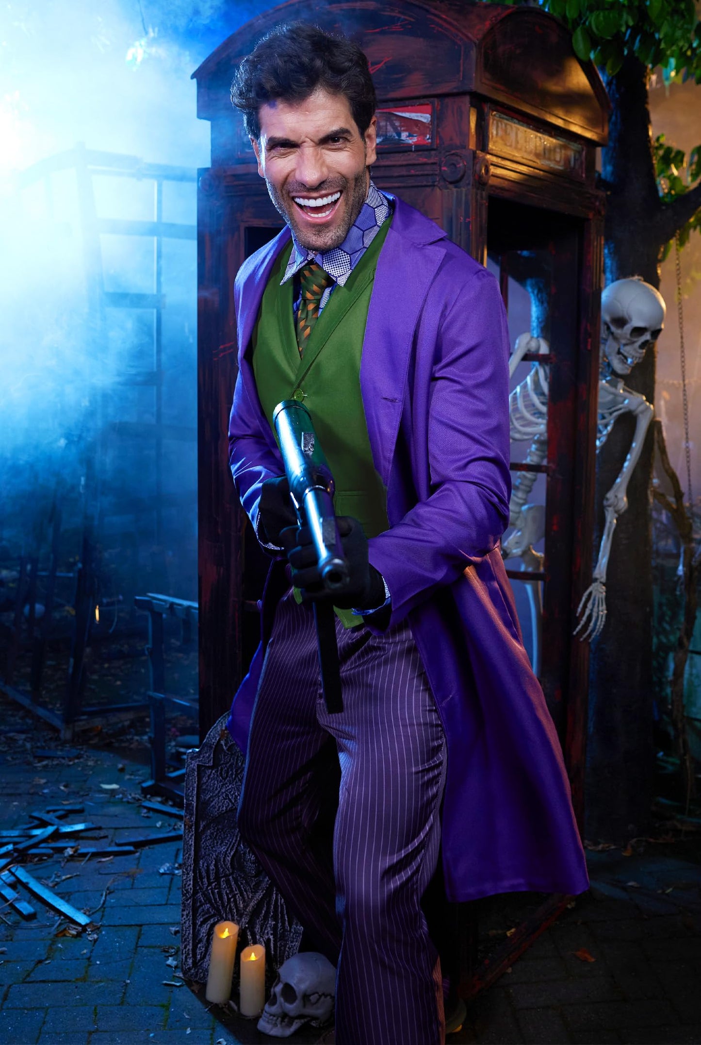 Mainfini Mens Joker Costumes Halloween Theme Party Funny Classic Dark Horror Knight Movie Cosplay Regular Fit Novelty Purper Graphic Shirt Green wasitcoat Tie Suit Outfit Adult 3 Piece Set M