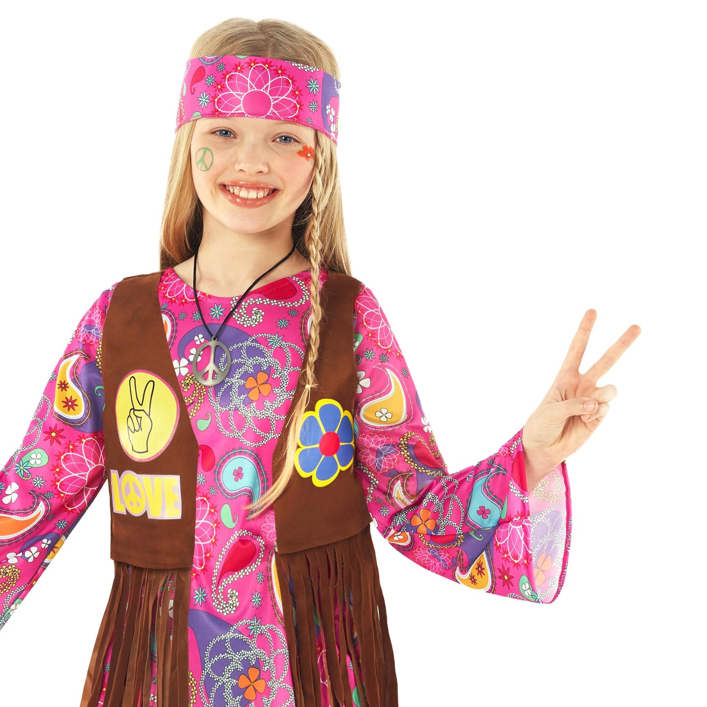 Morph Kids Hippie Vest Costume Dress - 70s Disco Outfit for Girls Halloween Costume, Retro Hippie Dress for Kids, Large