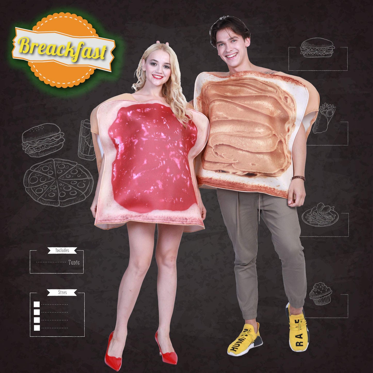 EraSpooky Adult Food Breakfast Toast Bread Peanut Butter and Jam Costume Fancy Dress Plus Size Halloween Party Funny Outfit for Women Men
