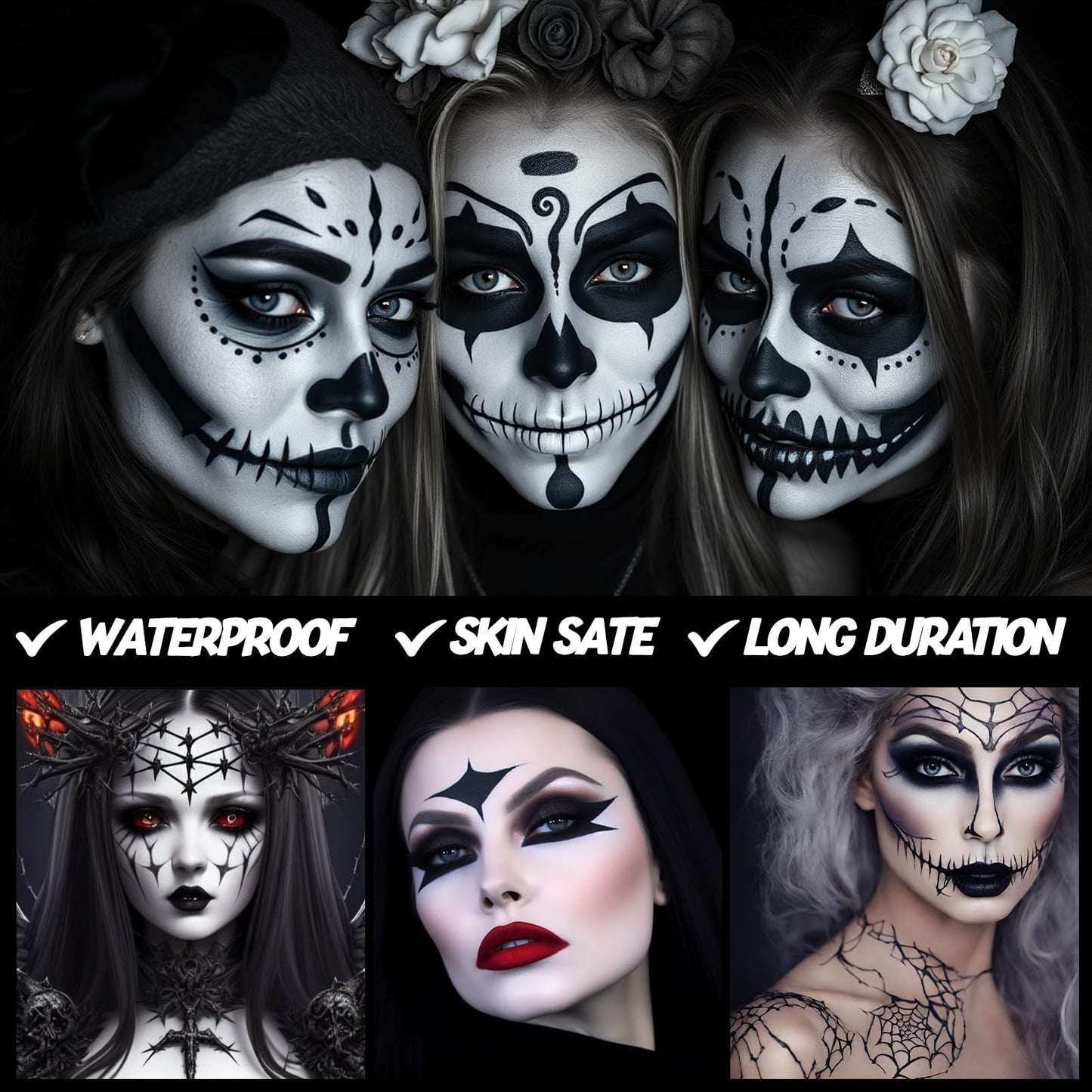 White Black Face Paint Makeup Halloween - 60g Halloween Make Up Kit Kids Adults, Halloween Face Paints Kit for Children, Skeleton Zombie Clown Makeup Halloween, Body Paint for Fancy Dress Festivals