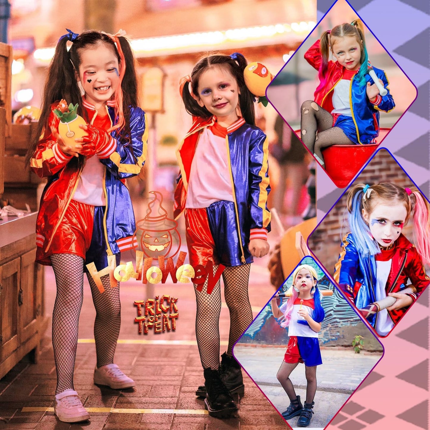 UxClishe 6 Pcs Costume Set, Costume Outfit Cosplay Fancy Dress with Jacket T-shirt Shorts Glove Necklace Temporary Tattoos Costume Kit for World Book Day Halloween Carnival Party