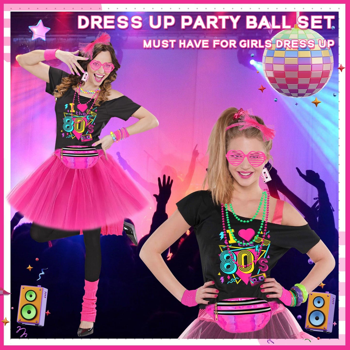 80s Fancy Dress Accessories for Women, Including T-Shirt Tutu Skirt Bumbag Leg Warmers Gloves Glasses Headband Earrings Necklace Bracelets 1980s Costume Outfits for Ladies Girls Hen Party