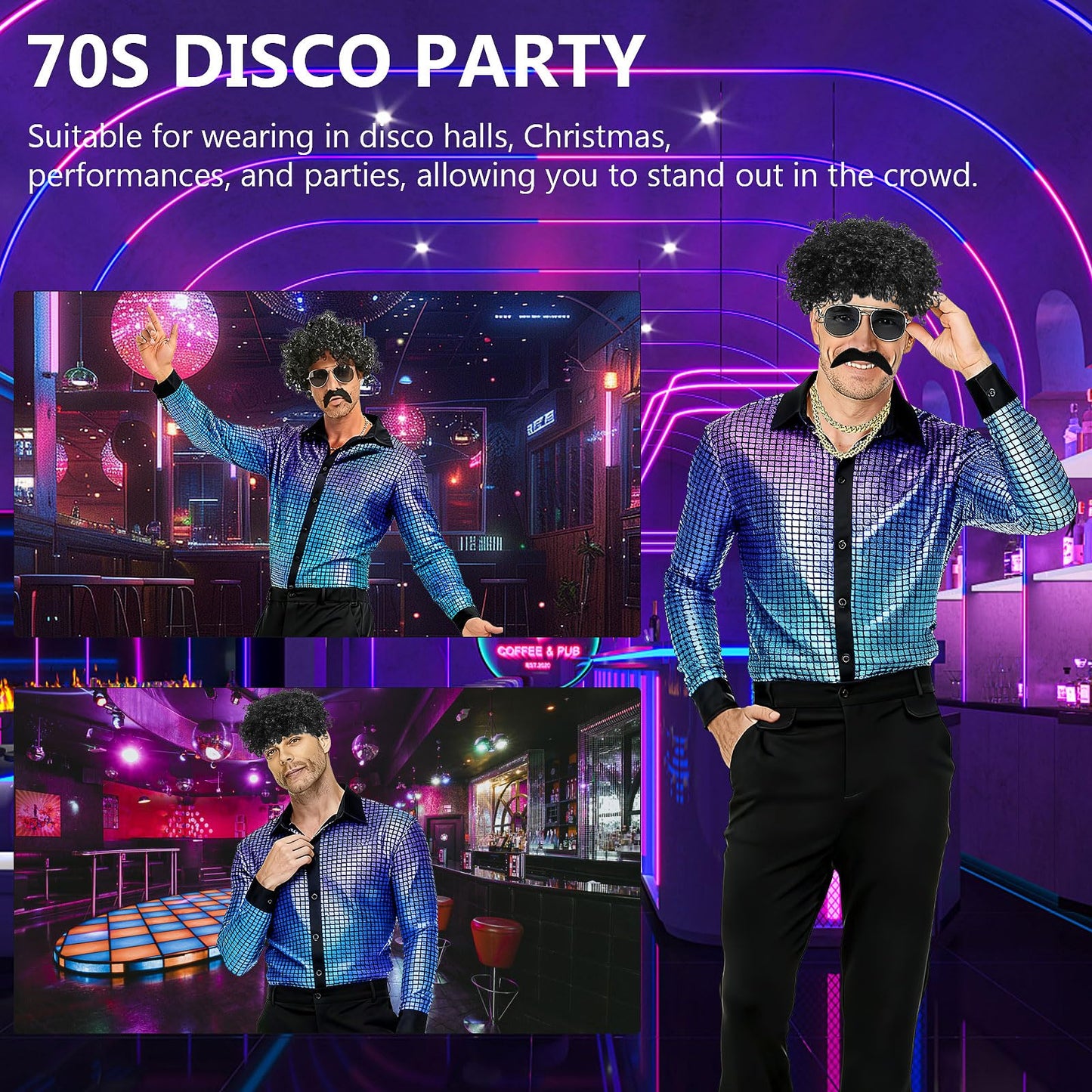70s Disco Outfit for Men 60s Costume with Retro Shirt Bell Bottom (image 7)