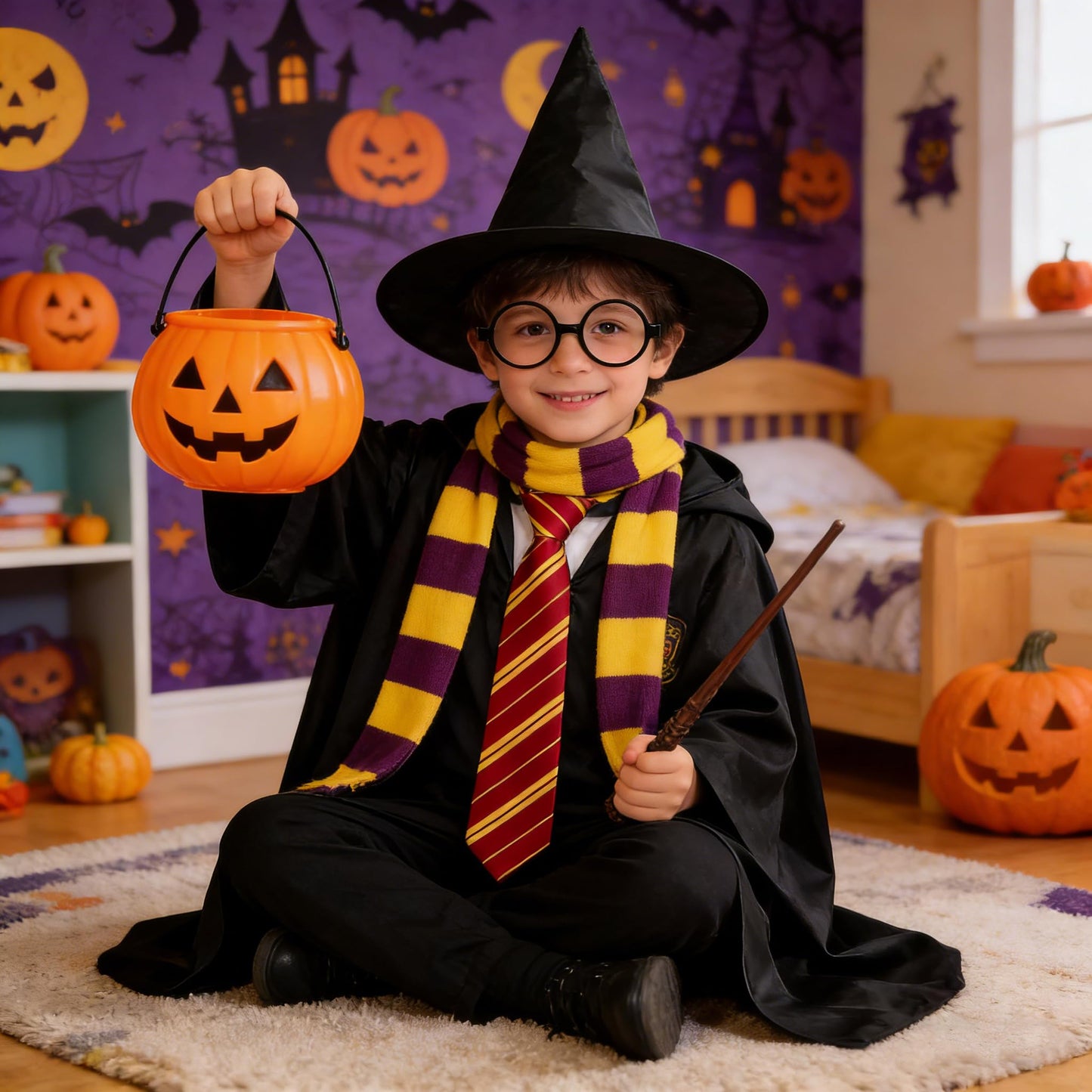 DABAOOU 7pcs Wizard Cape Costume Accessories Set, Halloween World Book Day Fancy Dress Adults, Black Hooded Cape, Scarf, Magic Wand, Glasses, Tie, Hat and Tattoo Stickers, Themed Party Cosplay Outfit