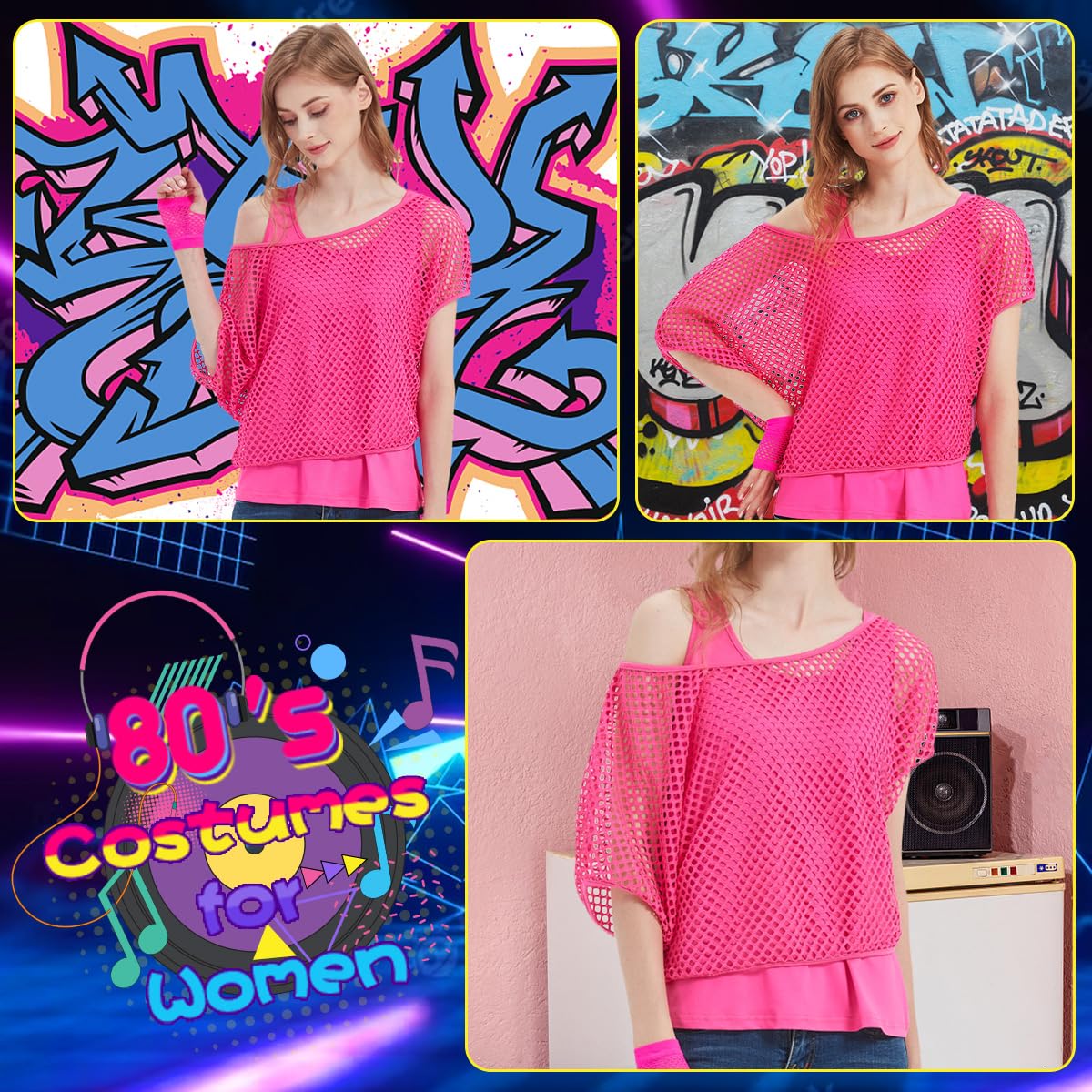 80s Fancy Fishnet Top for Women, Tank Top, Leg Warmers, Gloves, 1980s Costumes Neon Off Shoulder Mesh T-Shirt Accessories Retro Theme Party Cosplay